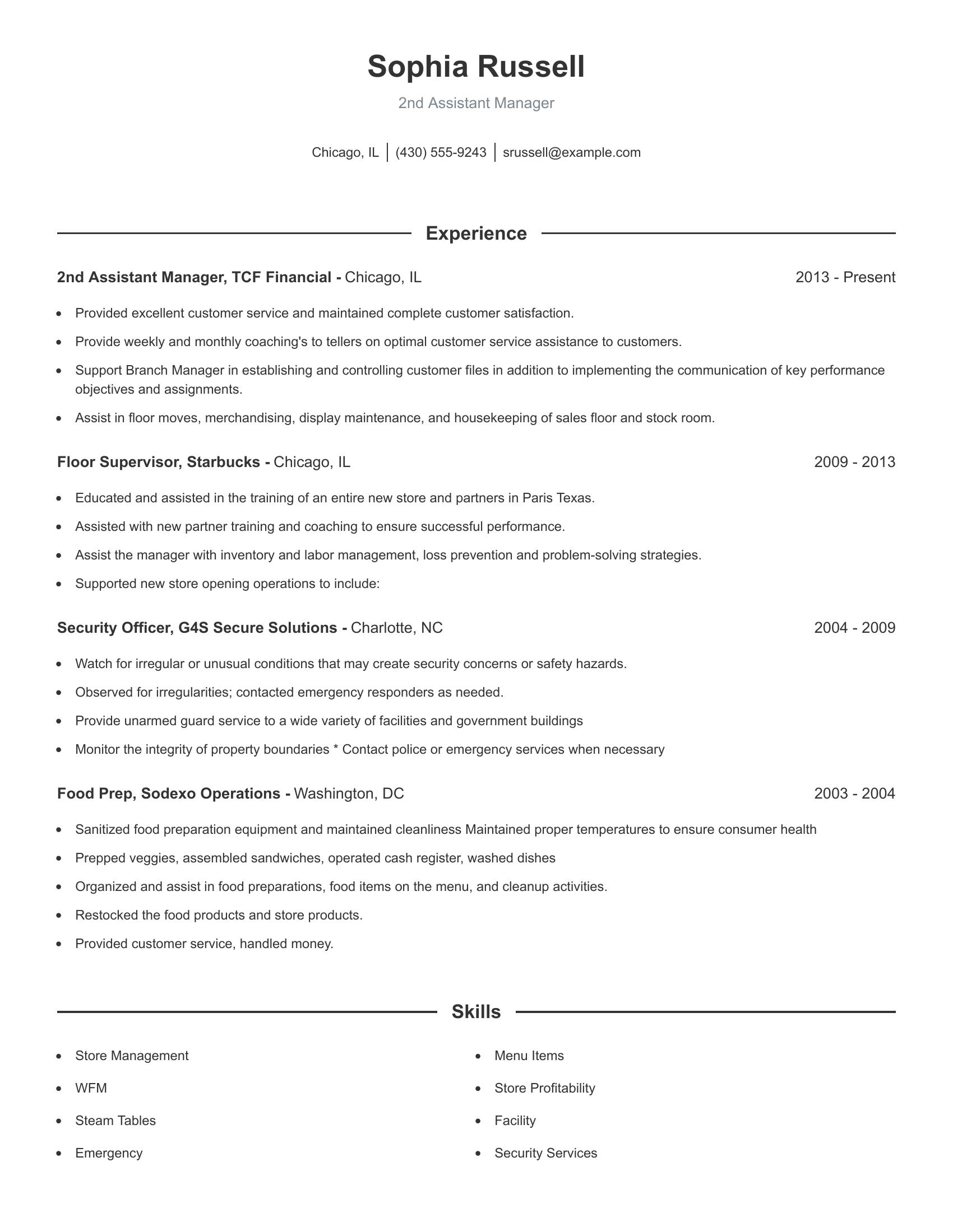 2nd Assistant Manager resume example