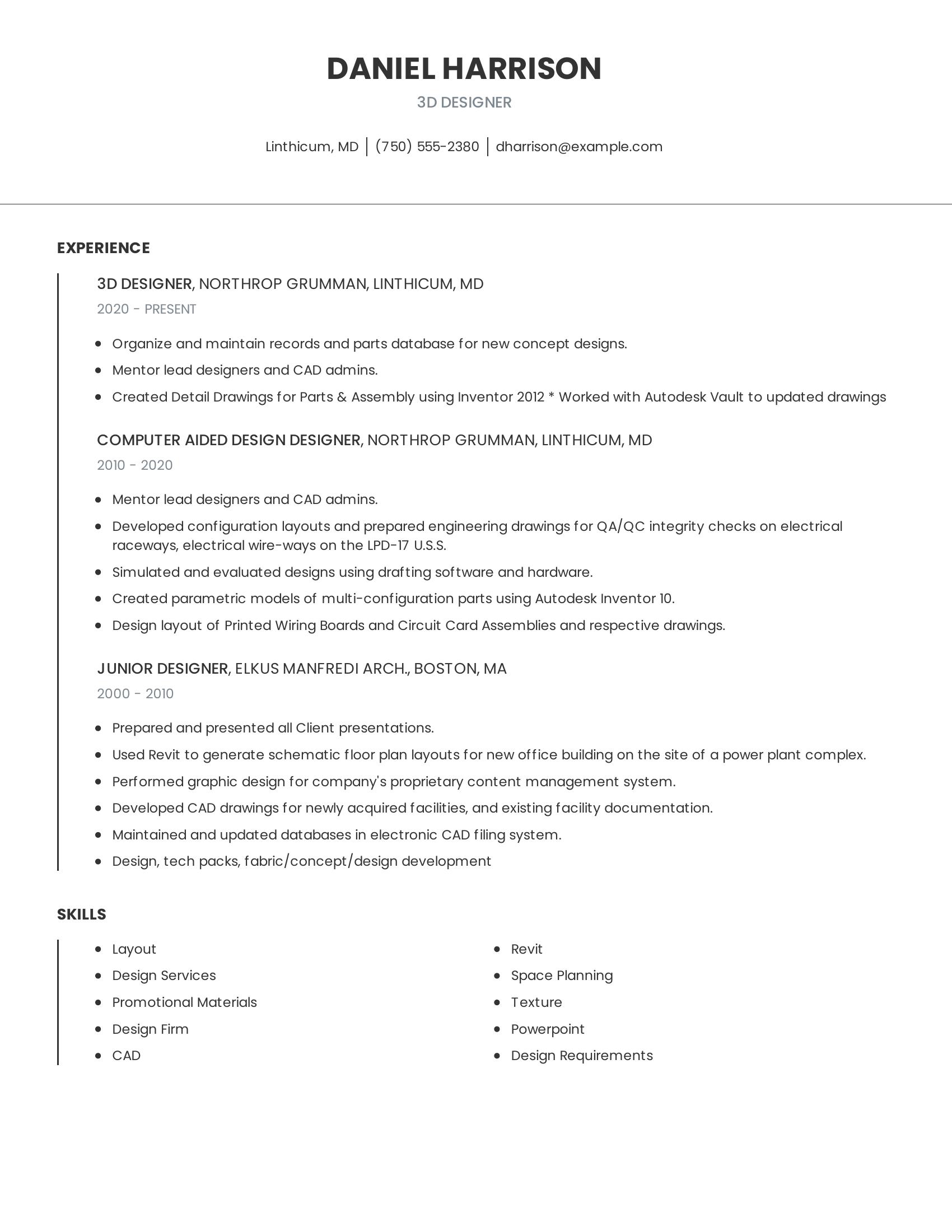 3D Designer resume example