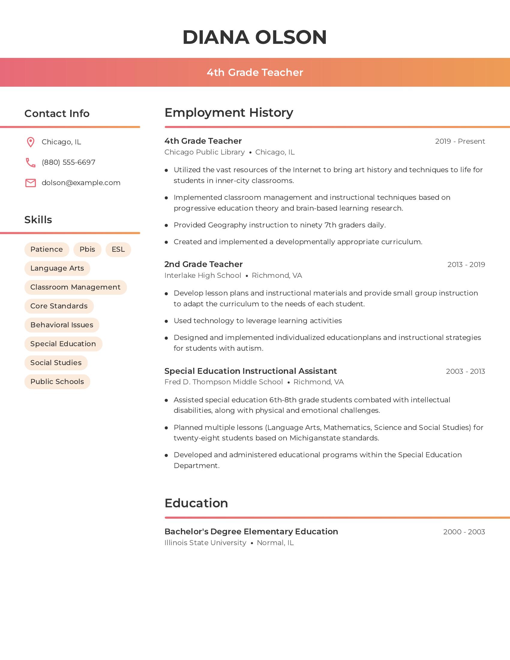 4th Grade Teacher resume example