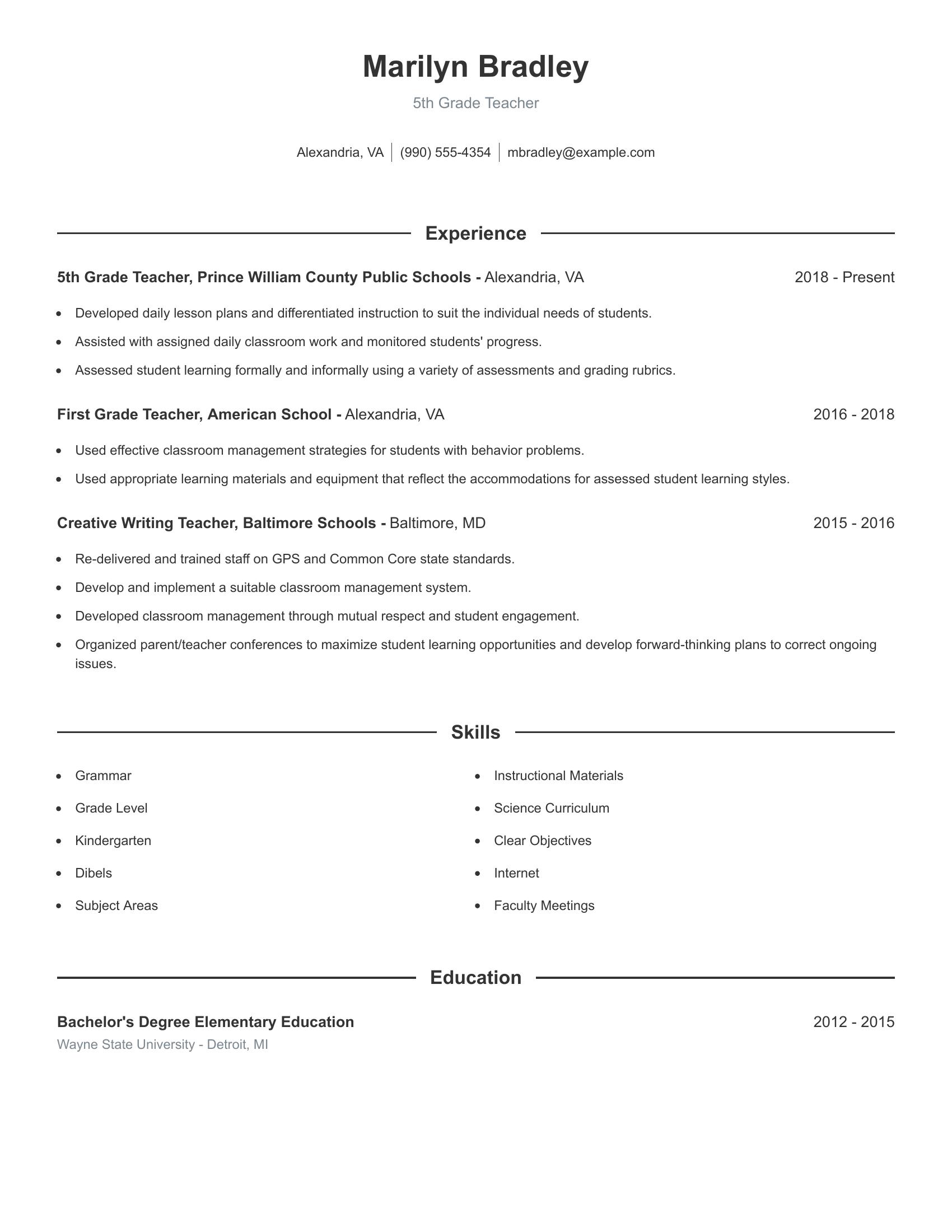 5th Grade Teacher resume example