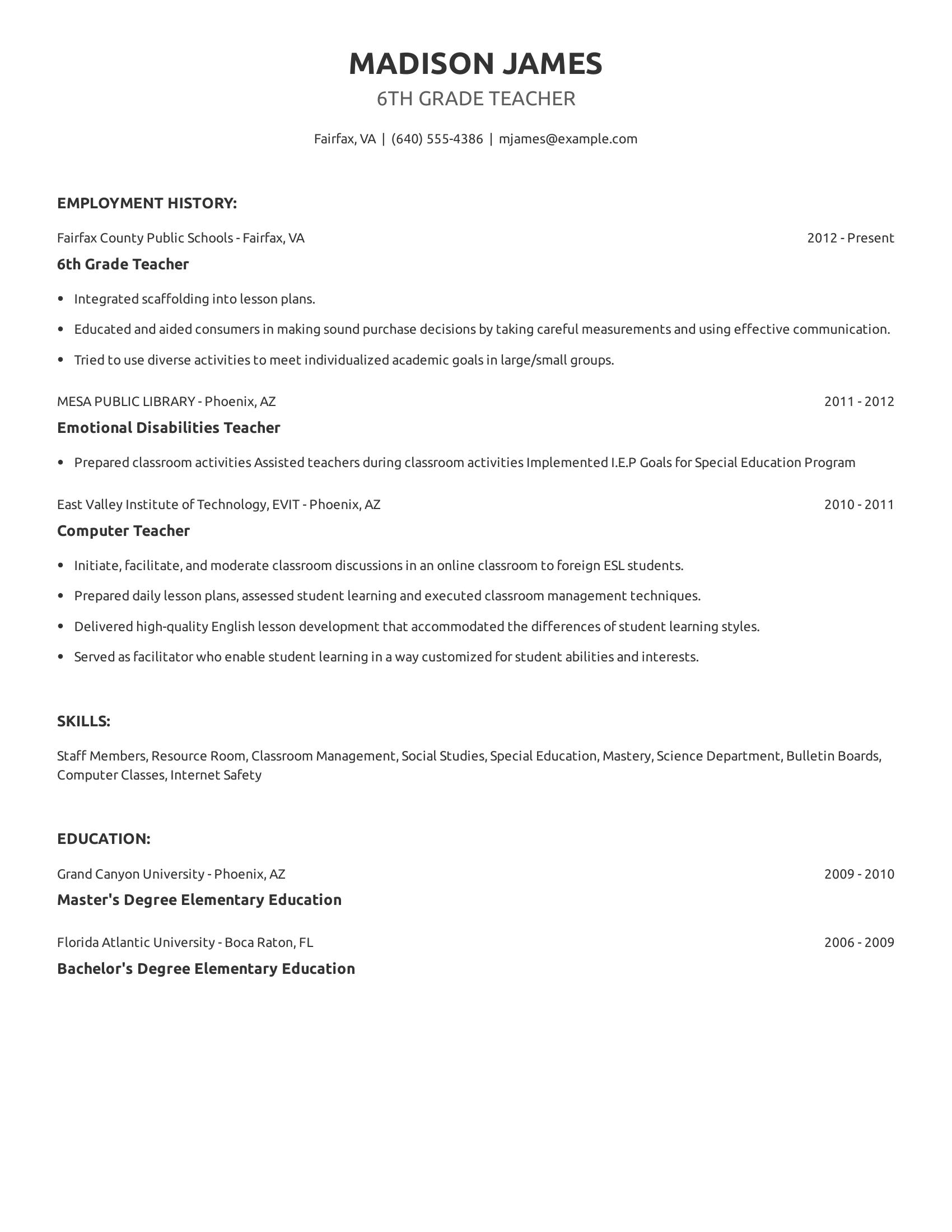 6th Grade Teacher resume example