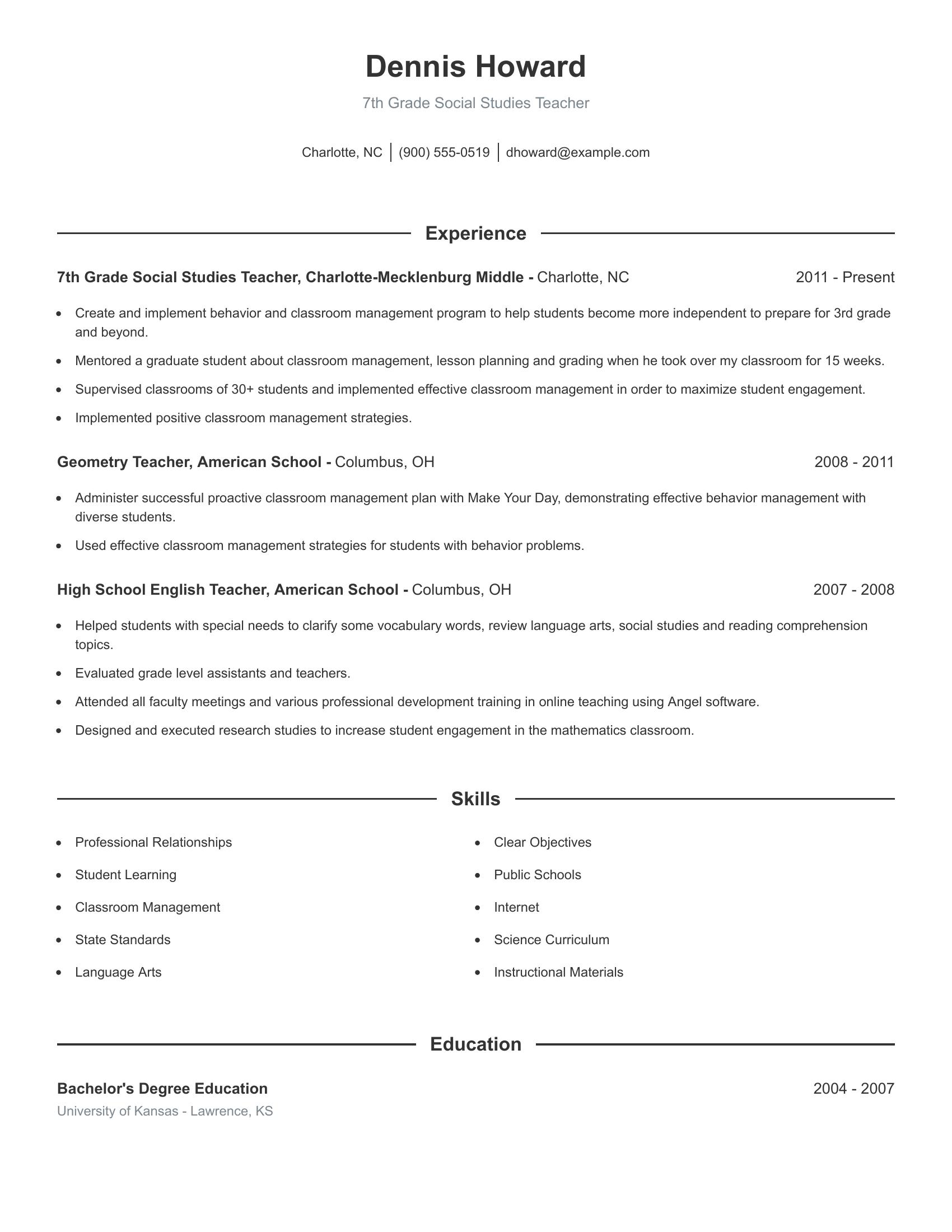 7th Grade Social Studies Teacher resume example