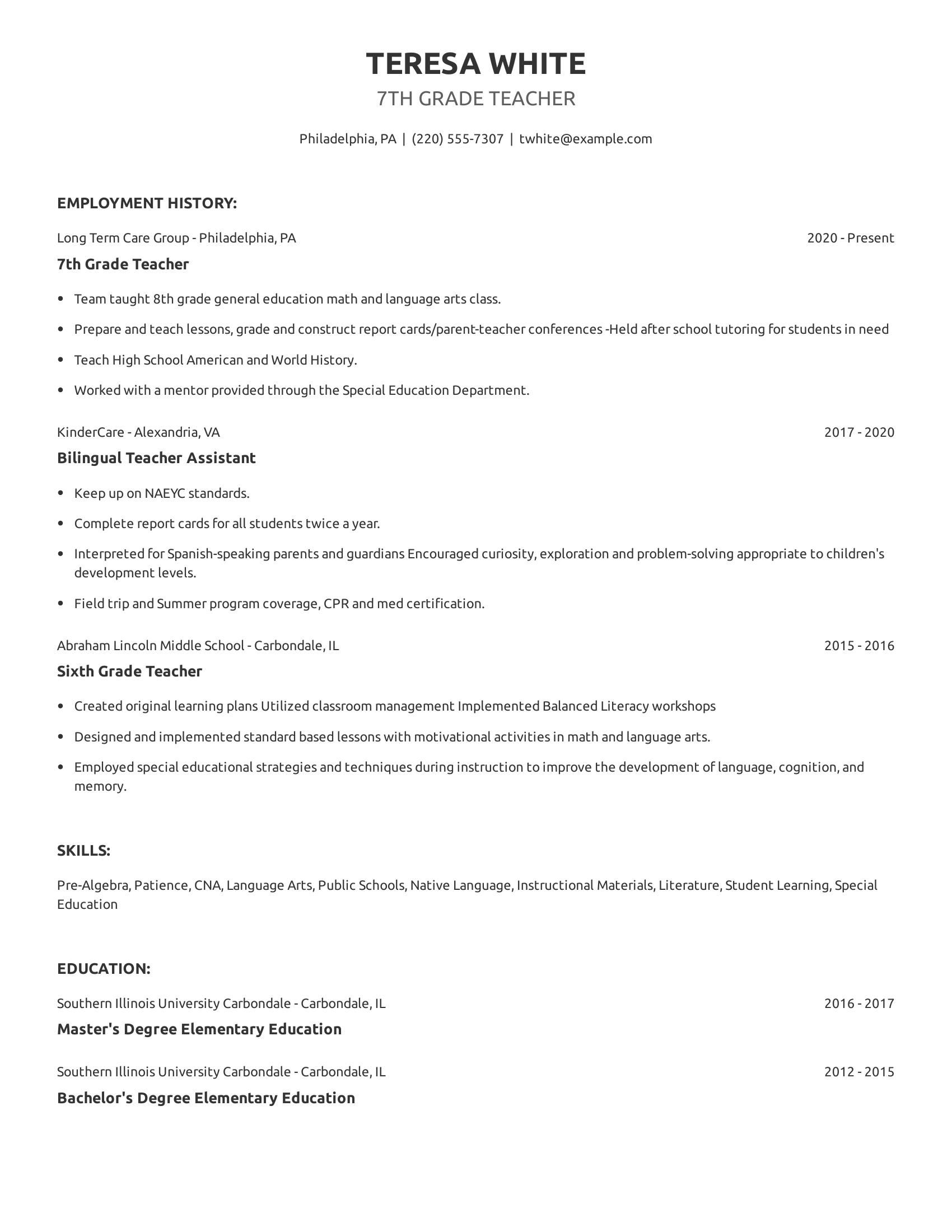 7th Grade Teacher resume example