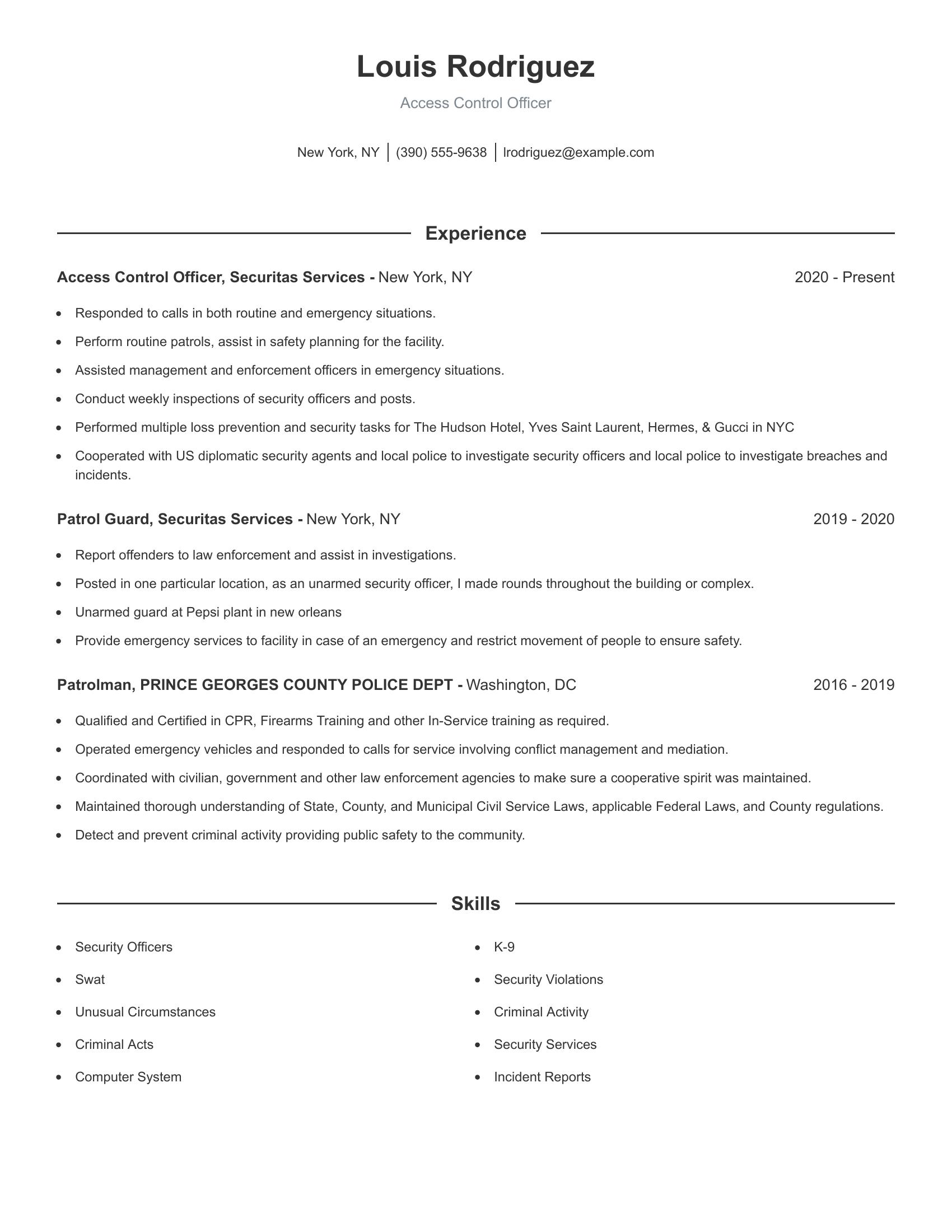 Access Control Officer resume example