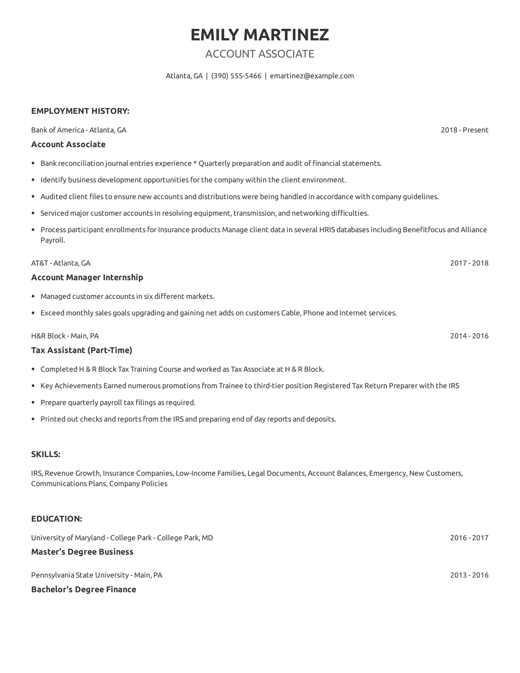 Account Associate resume example