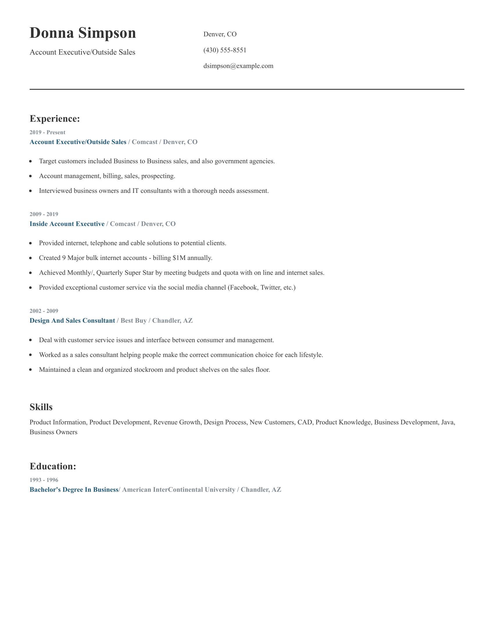 Account Executive/Outside Sales resume example