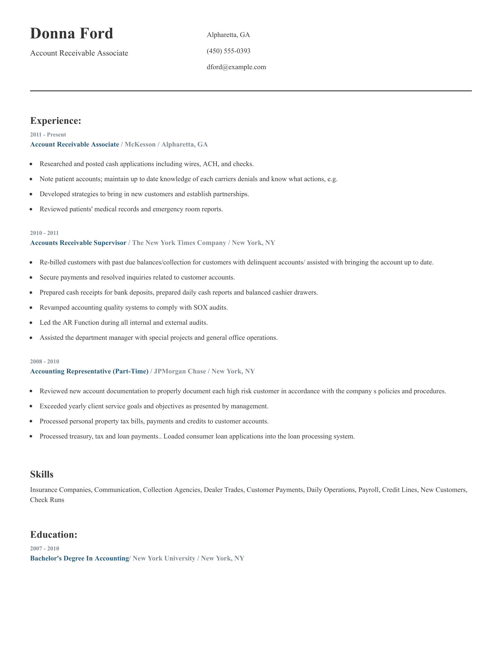 Account Receivable Associate resume example