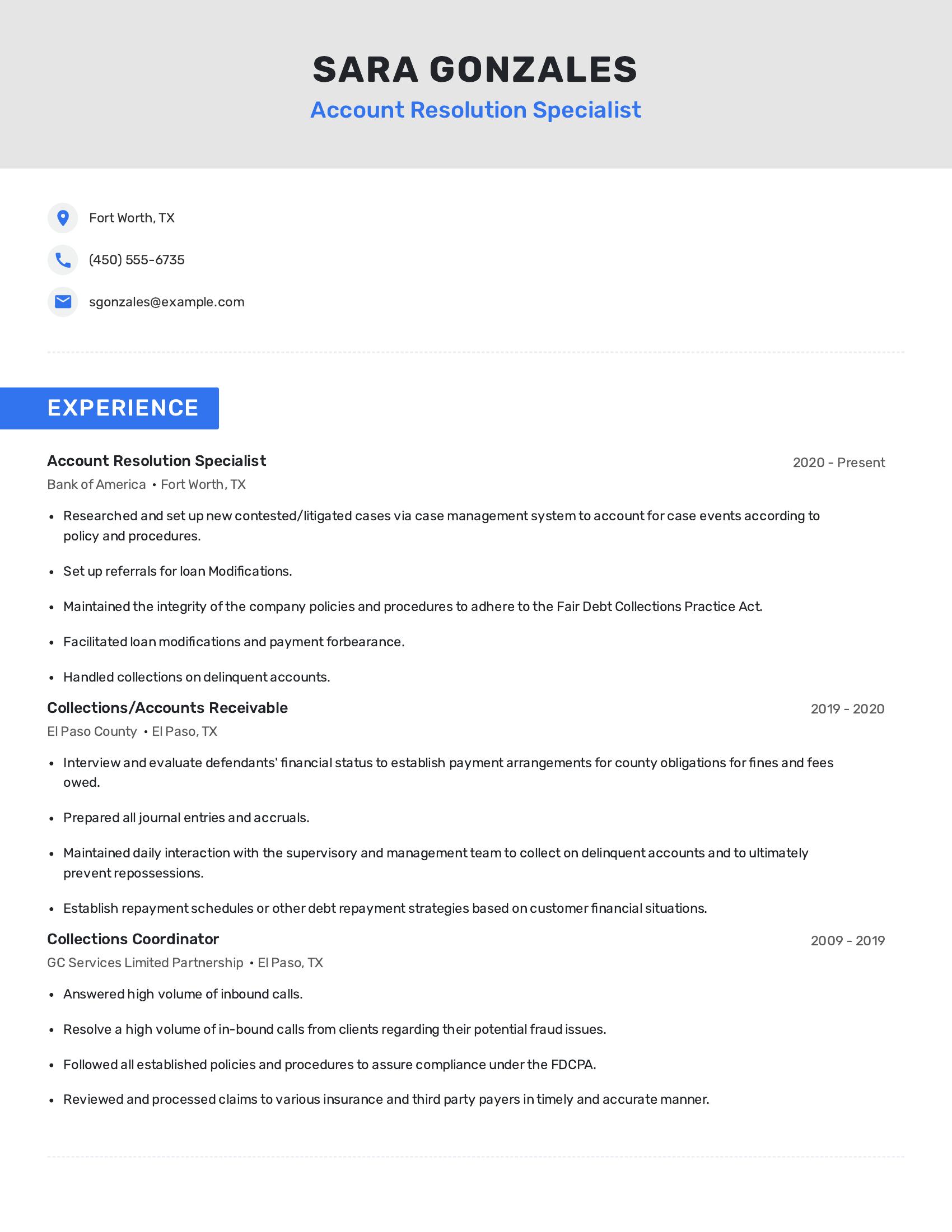 Account Resolution Specialist resume example