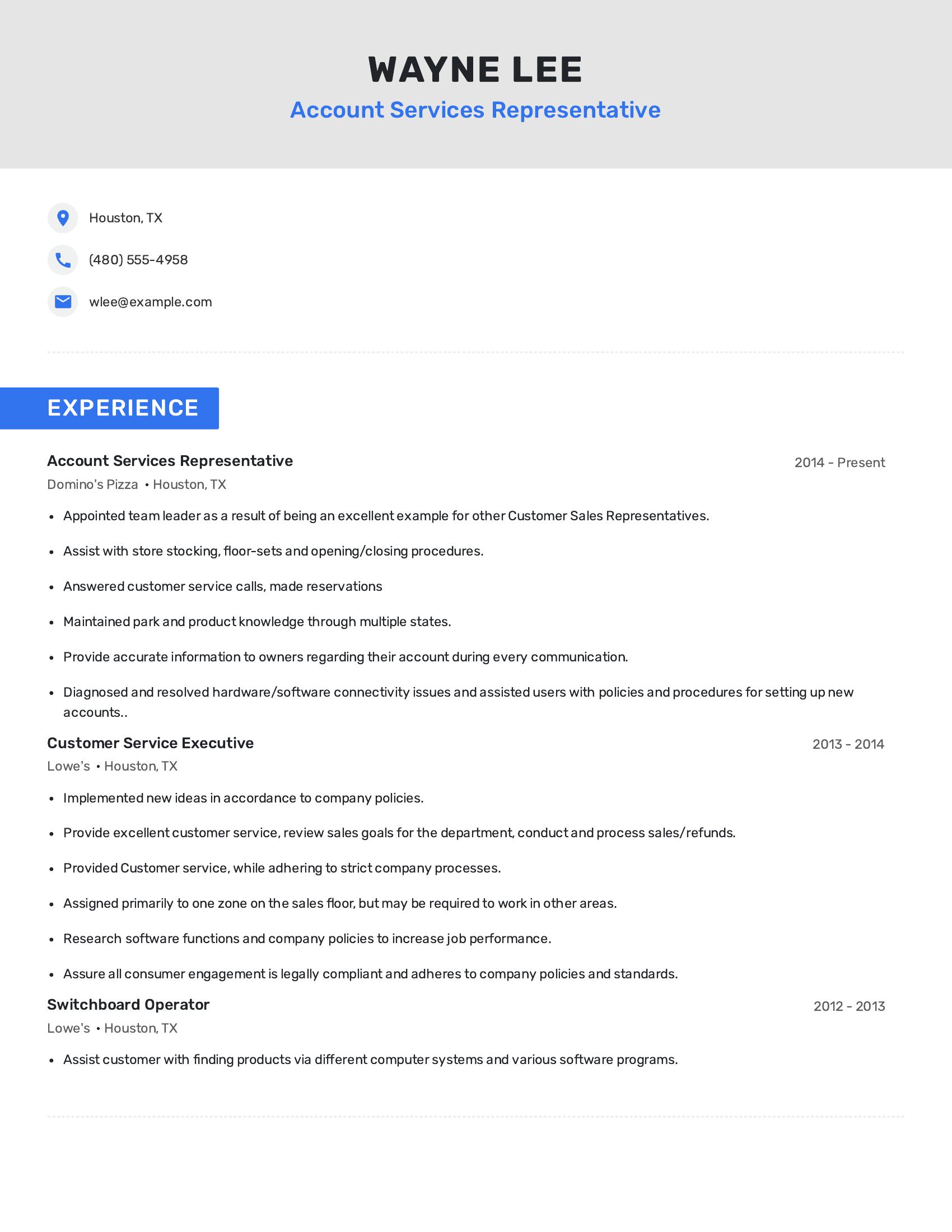 Account Services Representative resume example