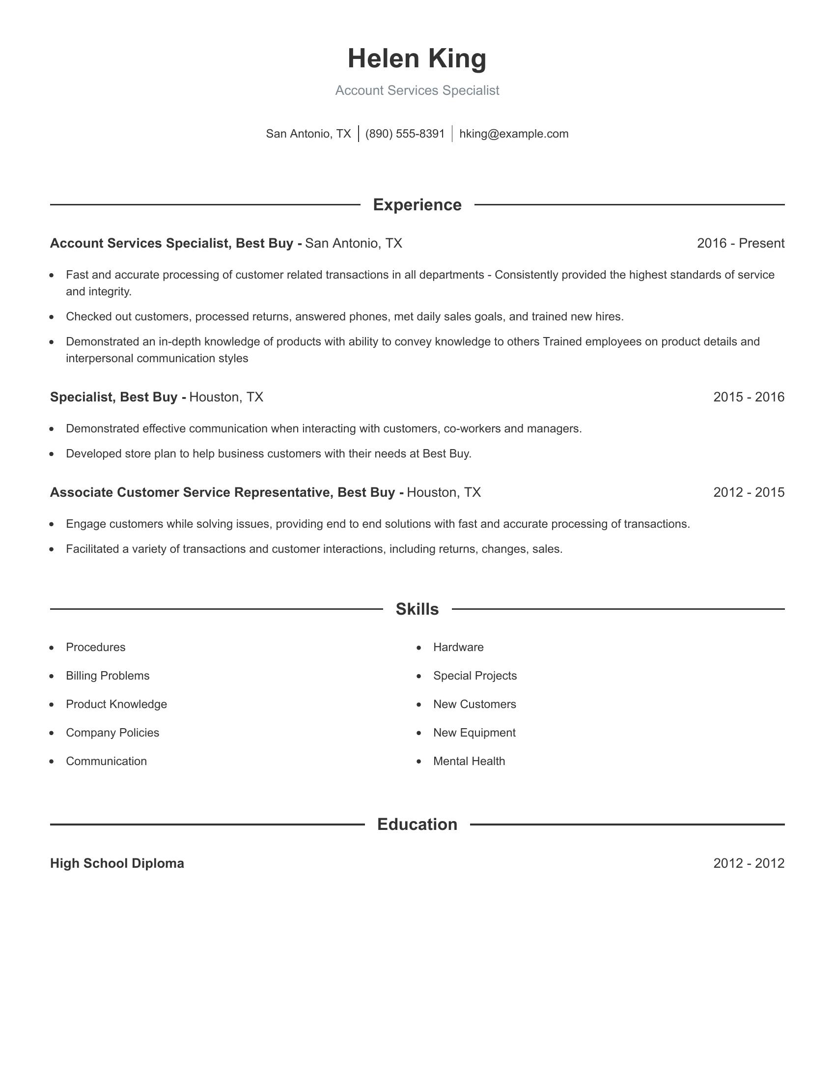 Account Services Specialist resume example