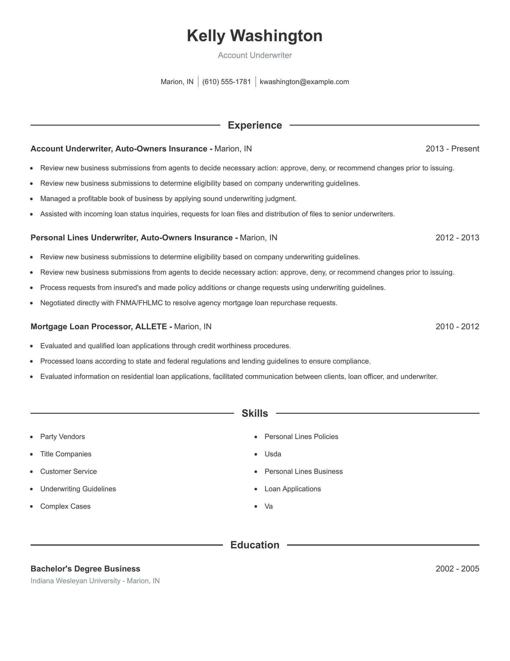 Account Underwriter resume example