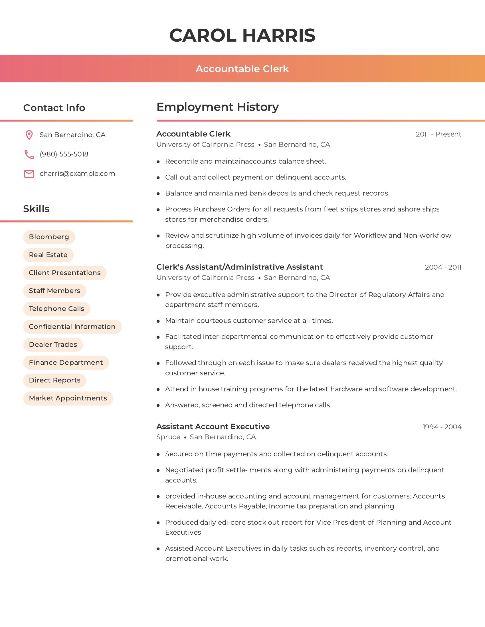 Accountable Clerk resume example