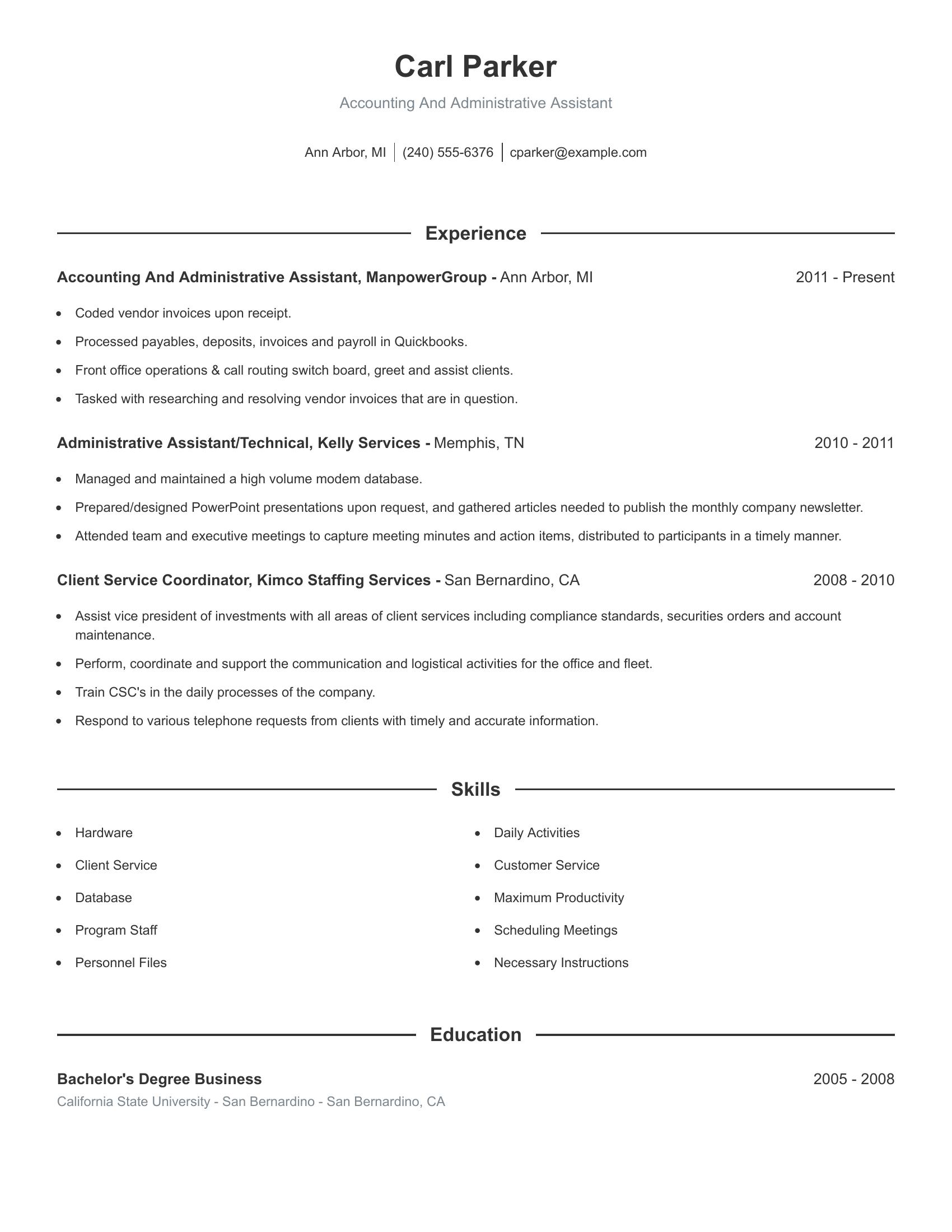 Accounting And Administrative Assistant resume example