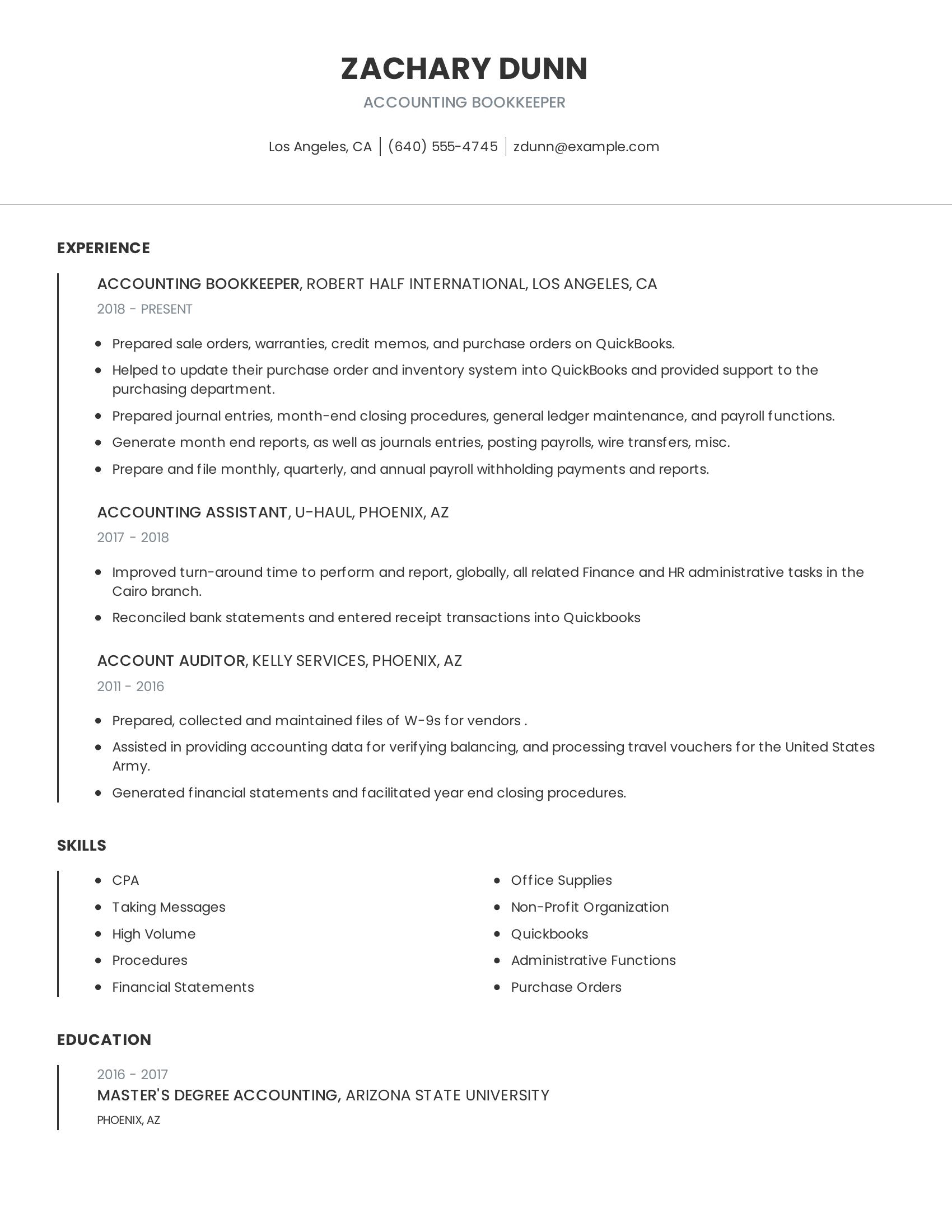 Accounting Bookkeeper resume example