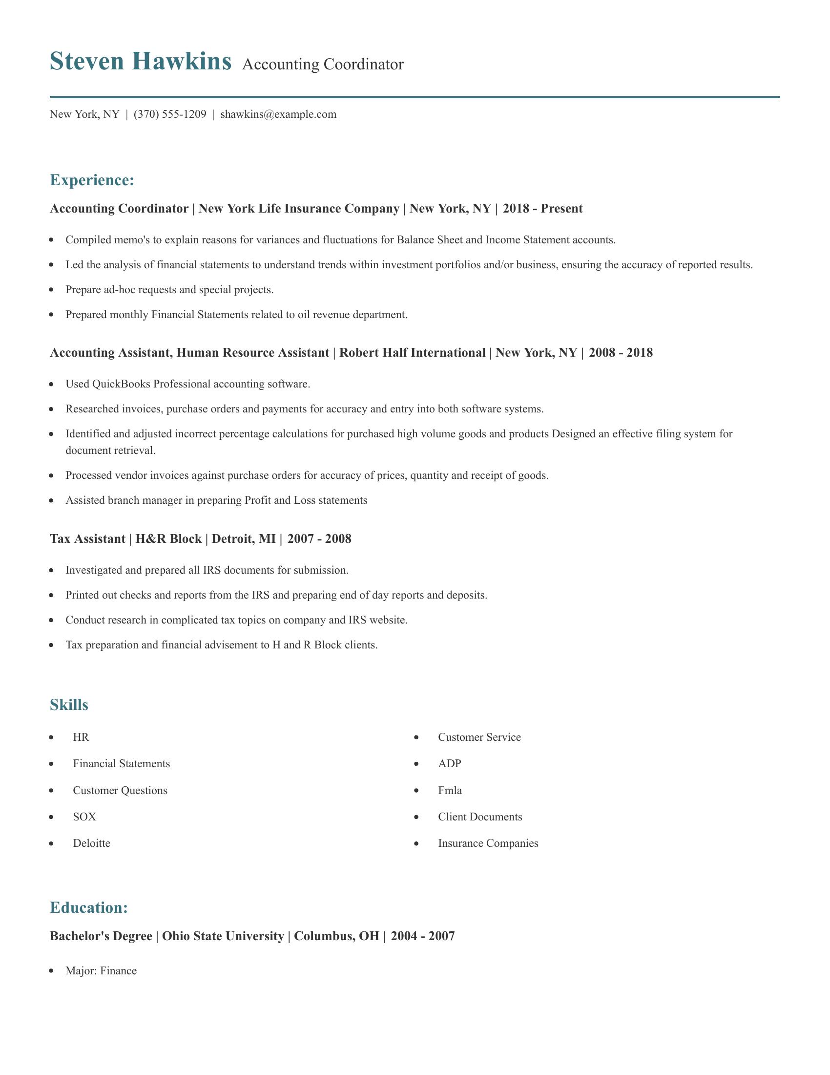 Accounting Coordinator resume example