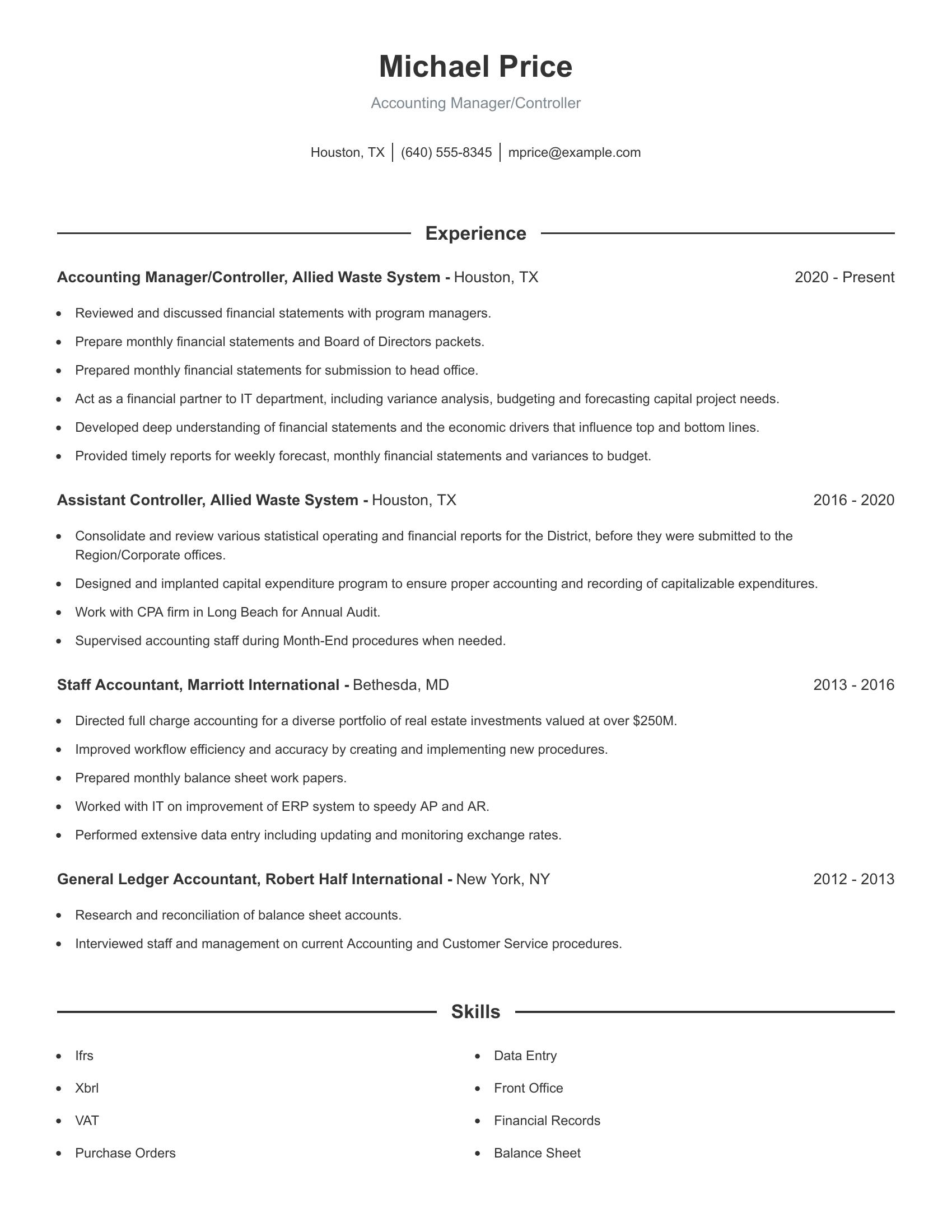 Accounting Manager/Controller resume example