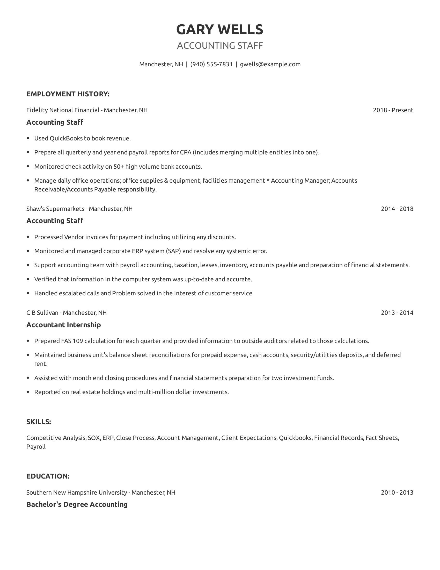 Accounting Staff resume example