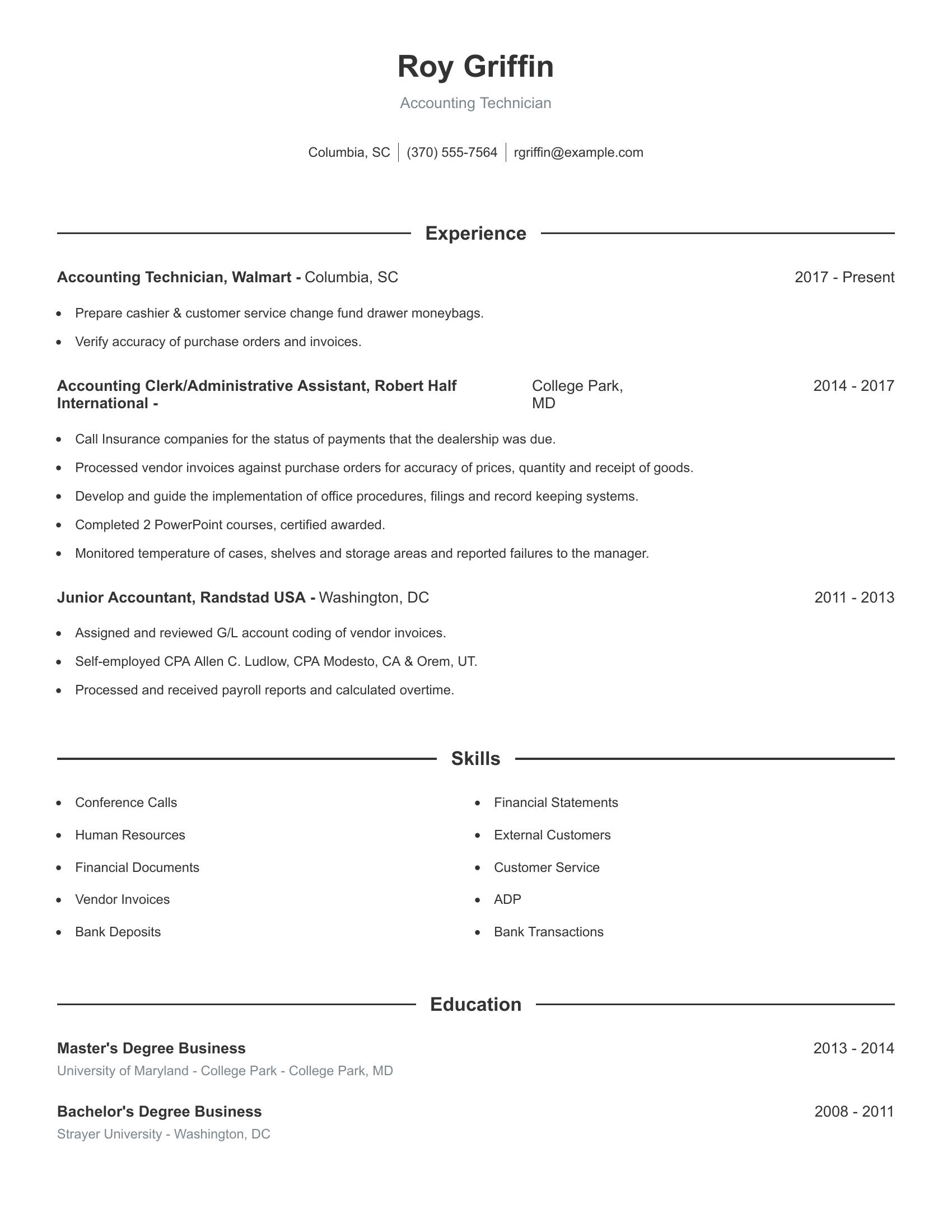 Accounting Technician resume example