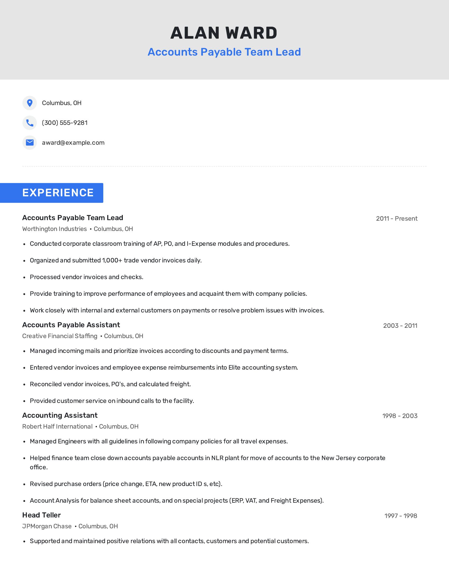Accounts Payable Team Lead resume example