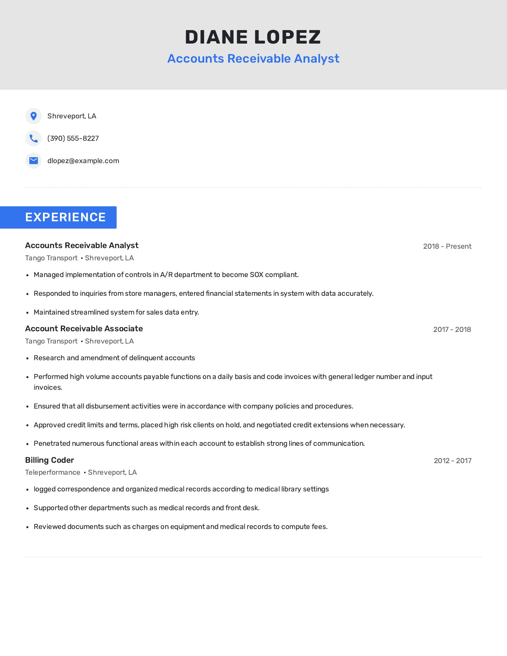 Accounts Receivable Analyst resume example