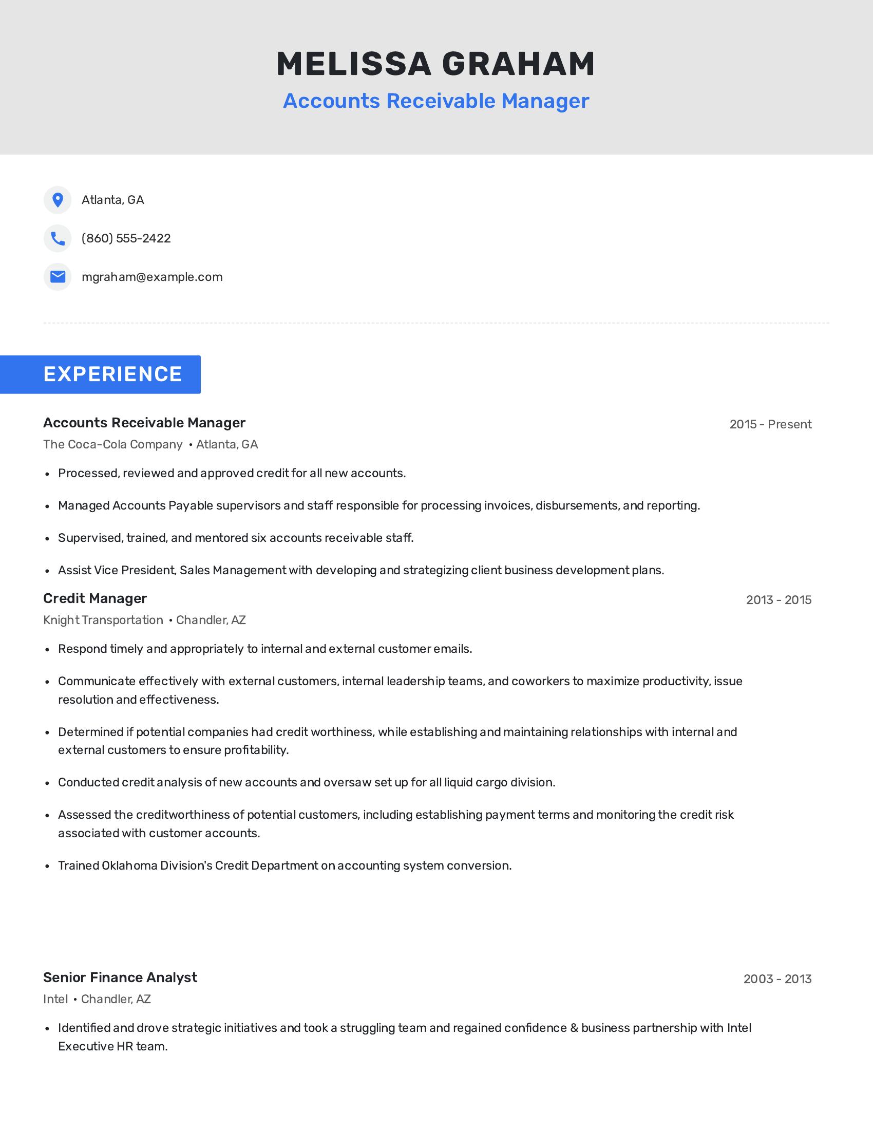 Accounts Receivable Manager resume example
