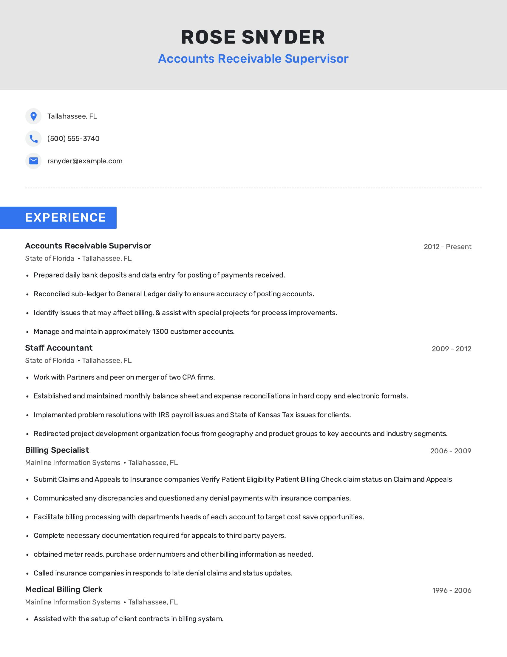 Accounts Receivable Supervisor resume example