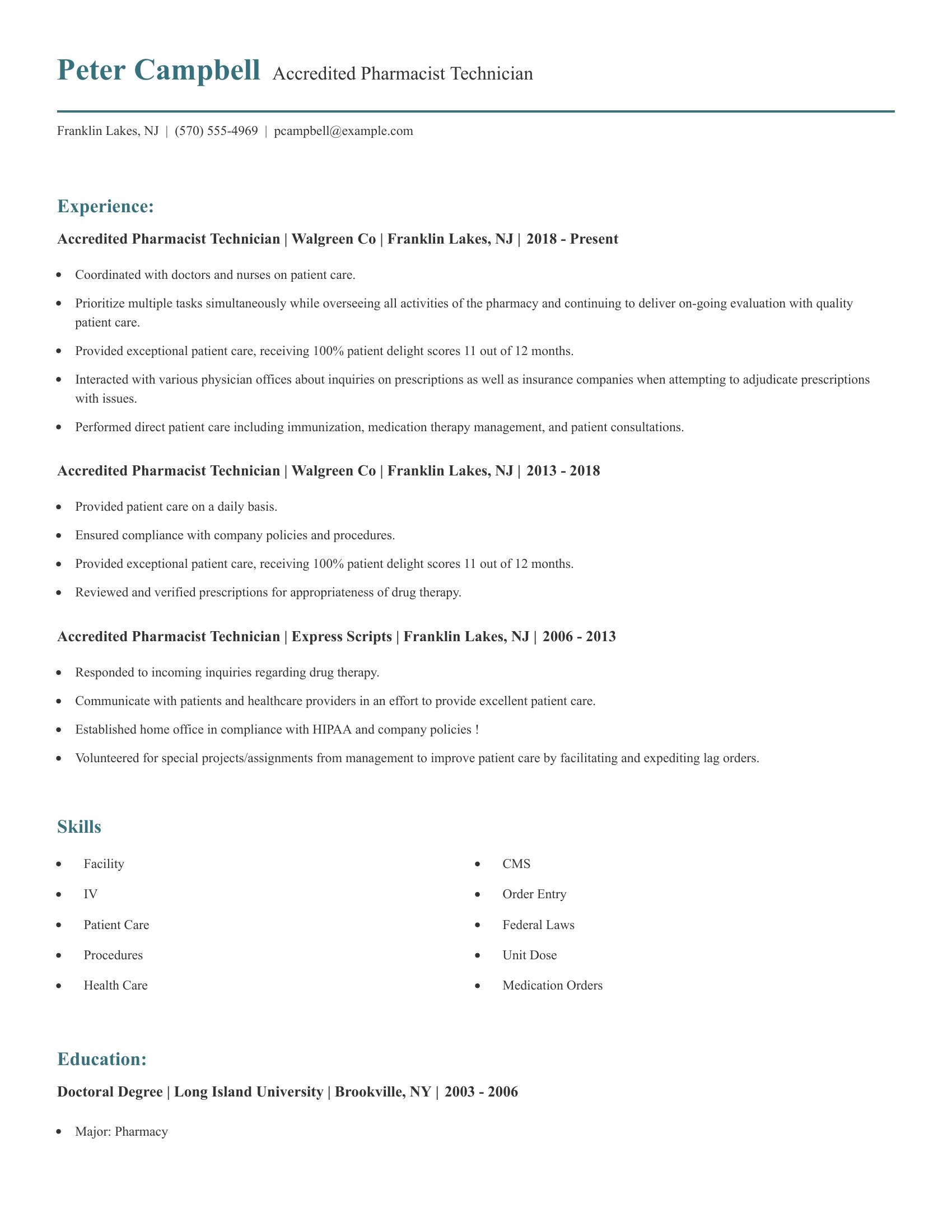 Accredited Pharmacist Technician resume example