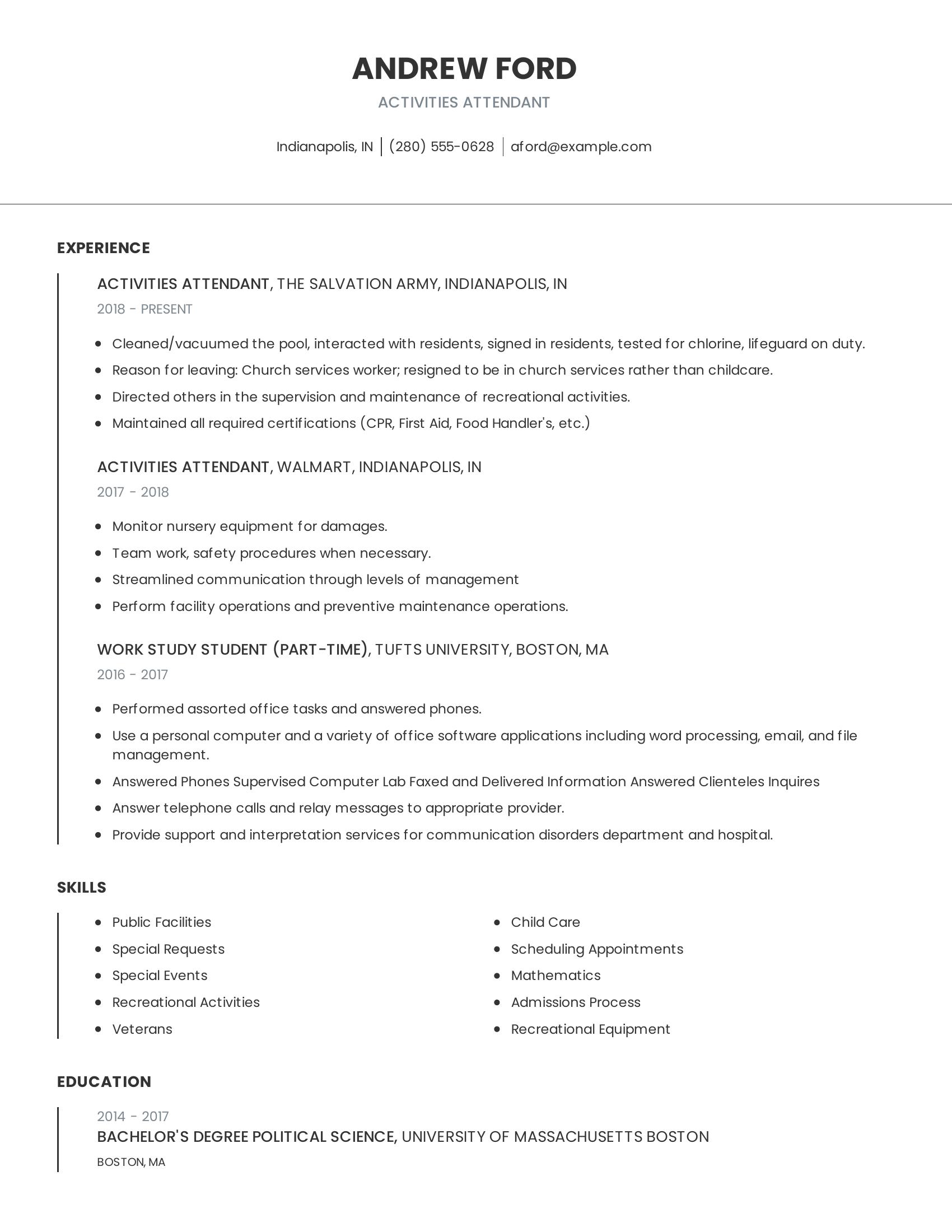 Activities Attendant resume example