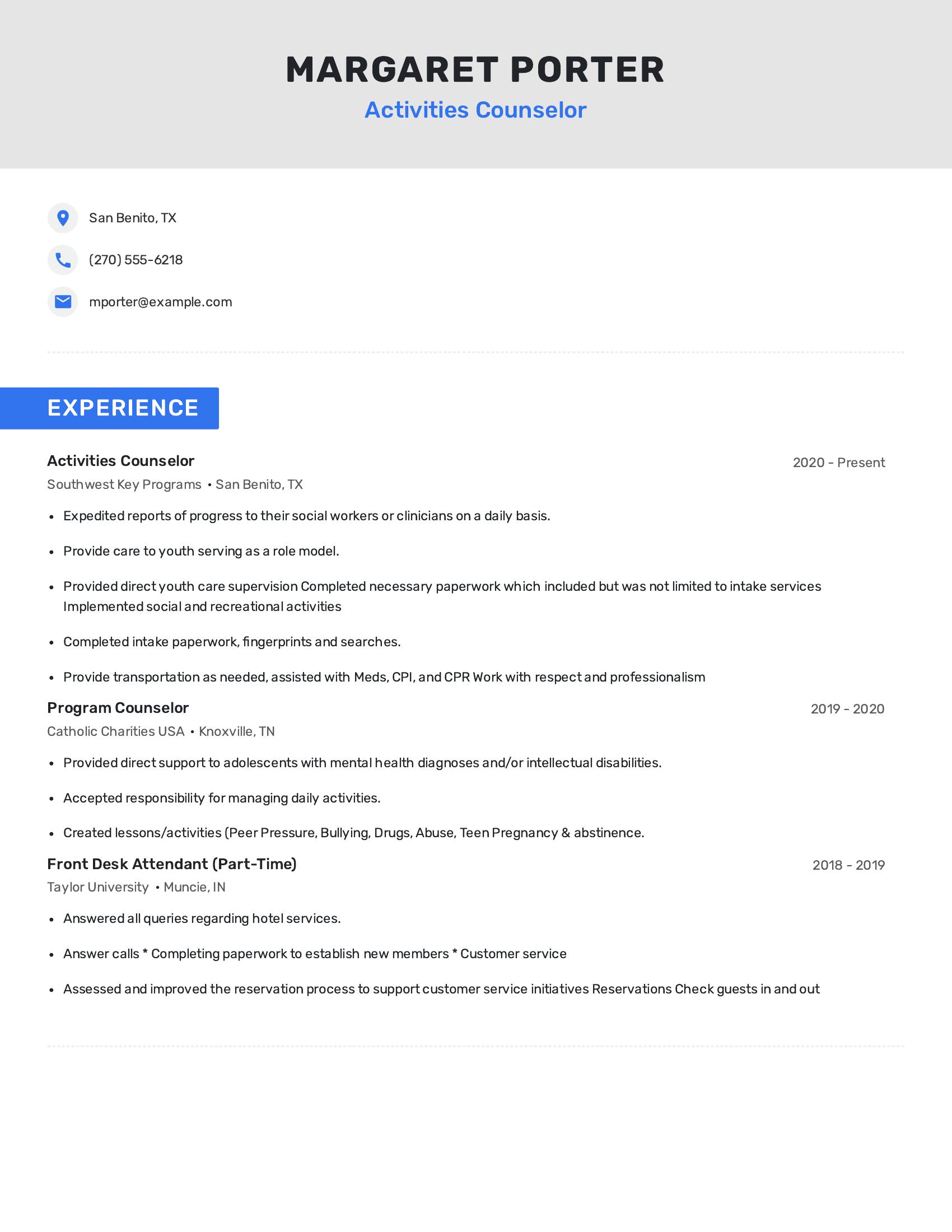 Activities Counselor resume example