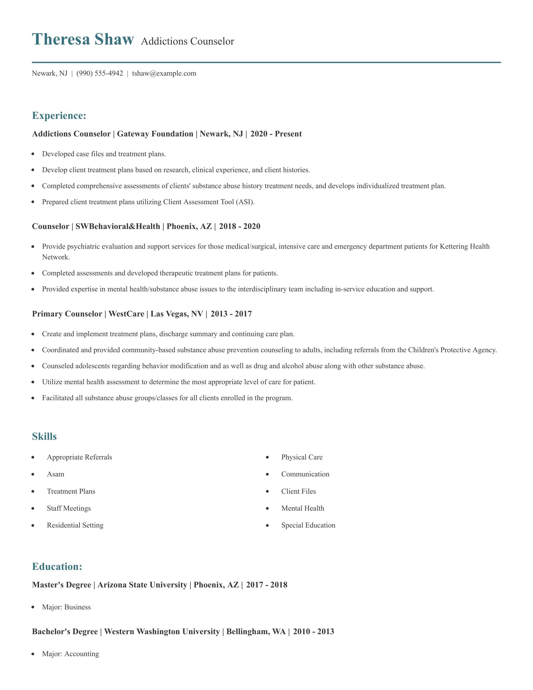 Addictions Counselor resume example