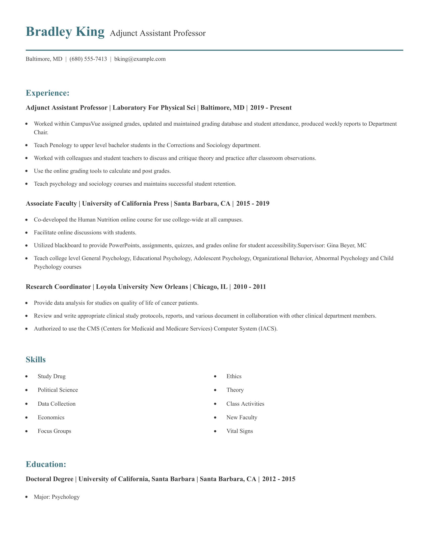 Adjunct Assistant Professor resume example