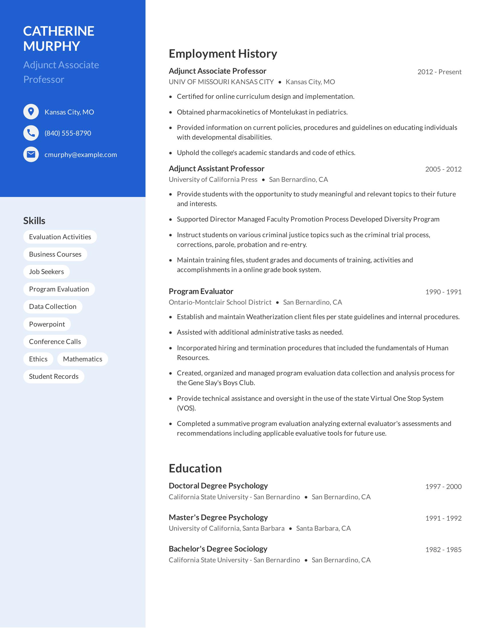 Adjunct Associate Professor resume example