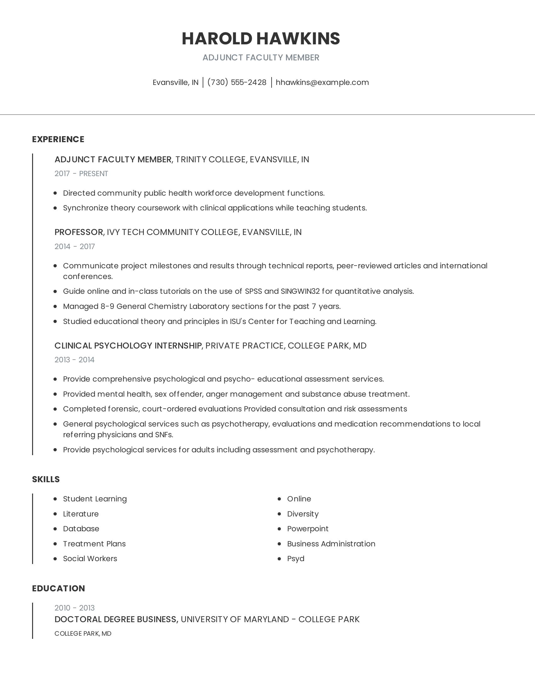 Adjunct Faculty Member resume example