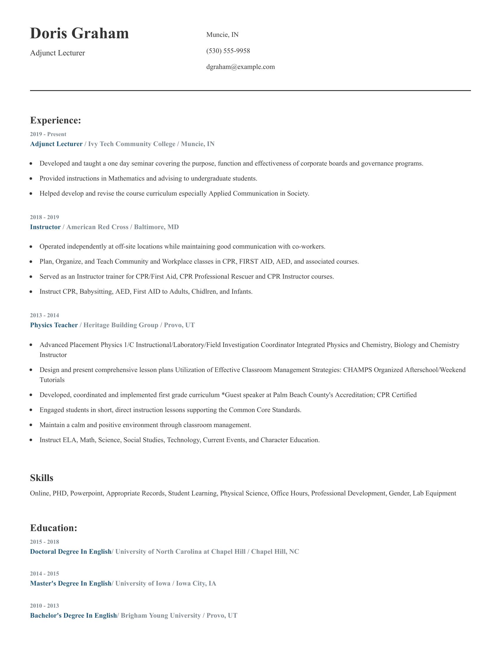 Adjunct Lecturer resume example