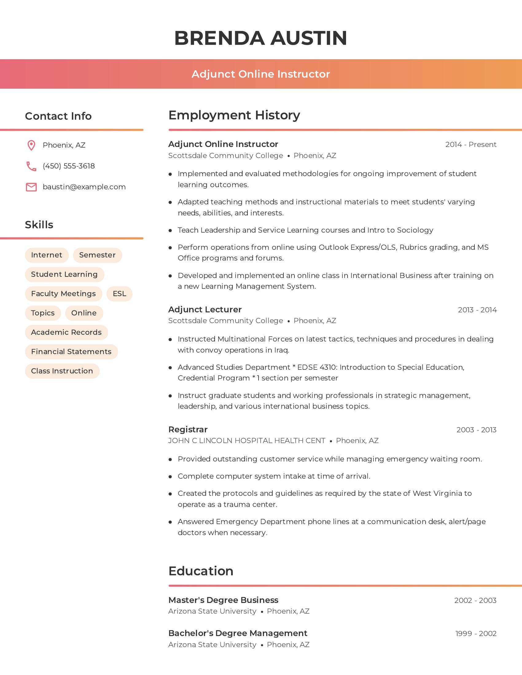 Adjunct Online Instructor resume example