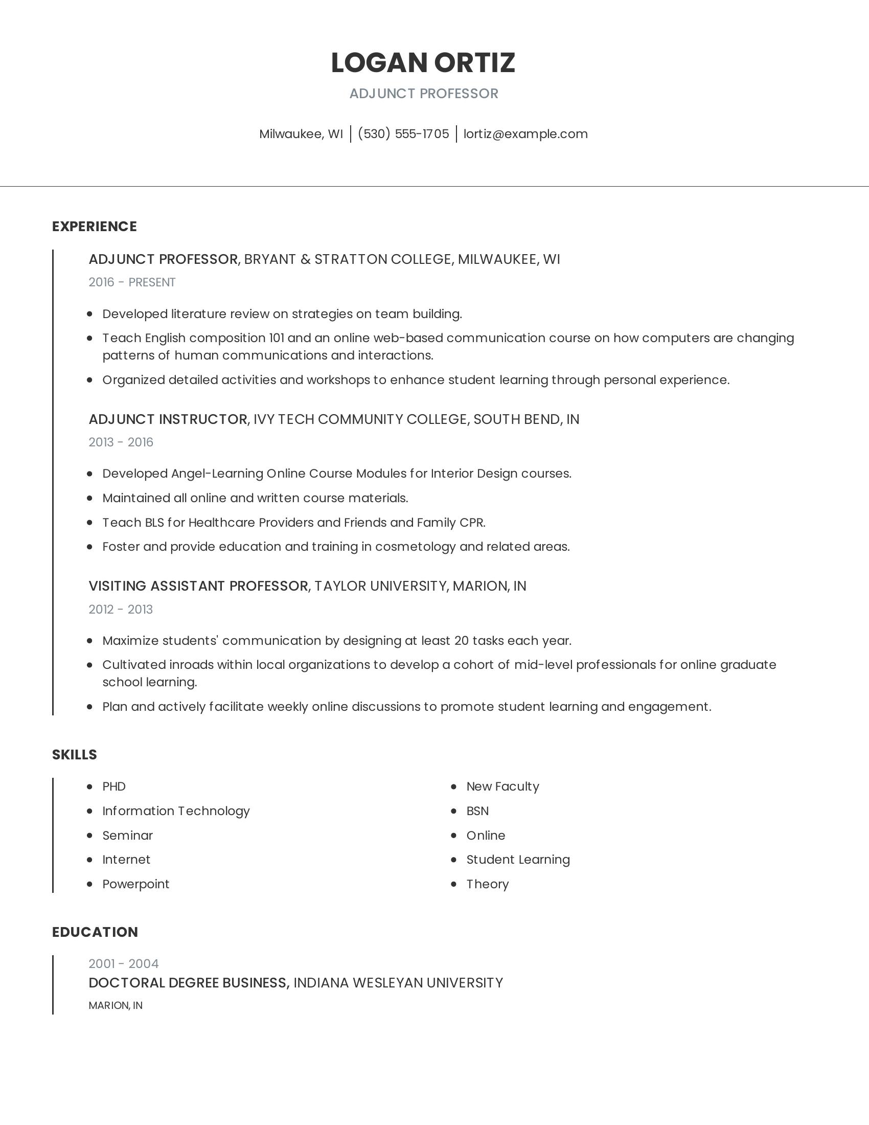 Adjunct Professor resume example