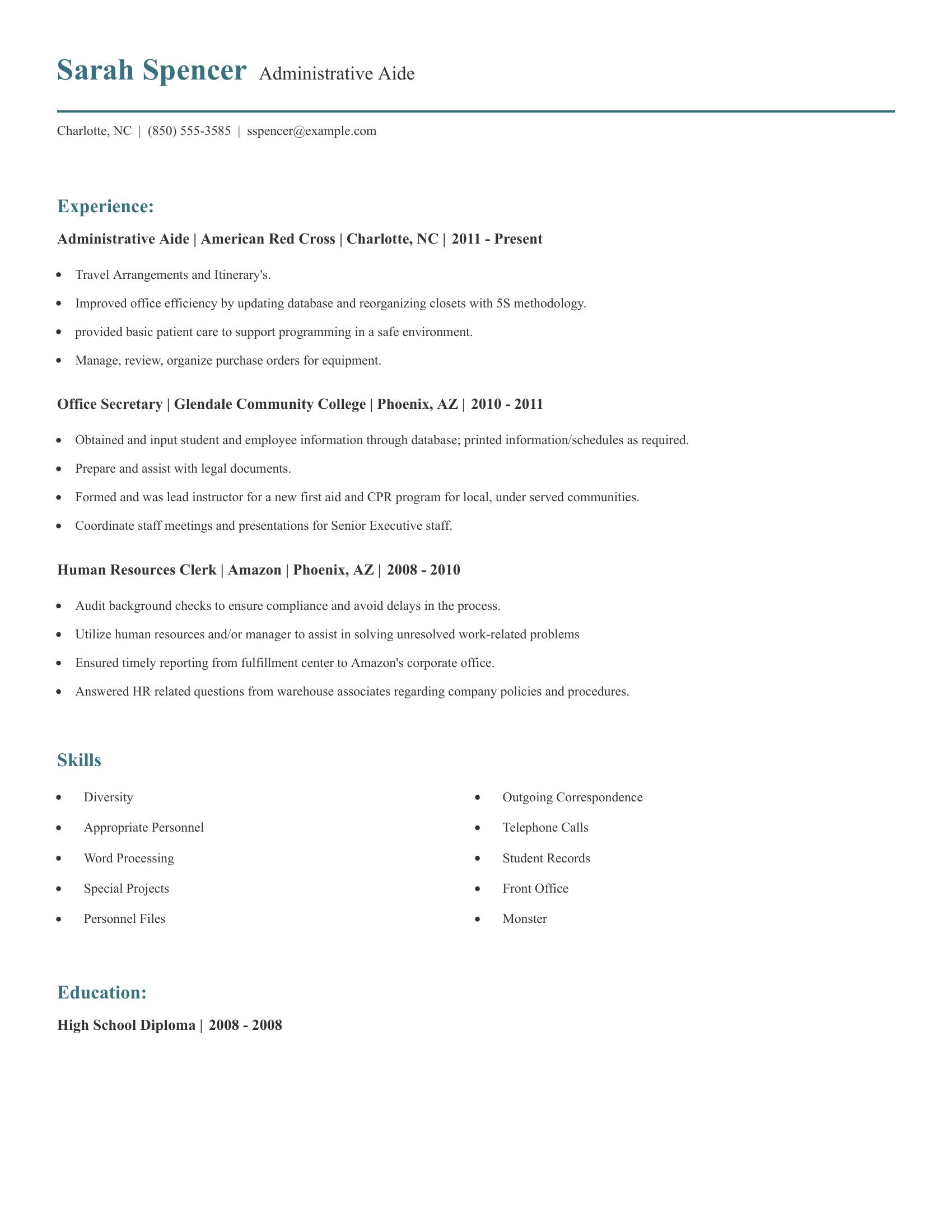 Administrative Aide resume example