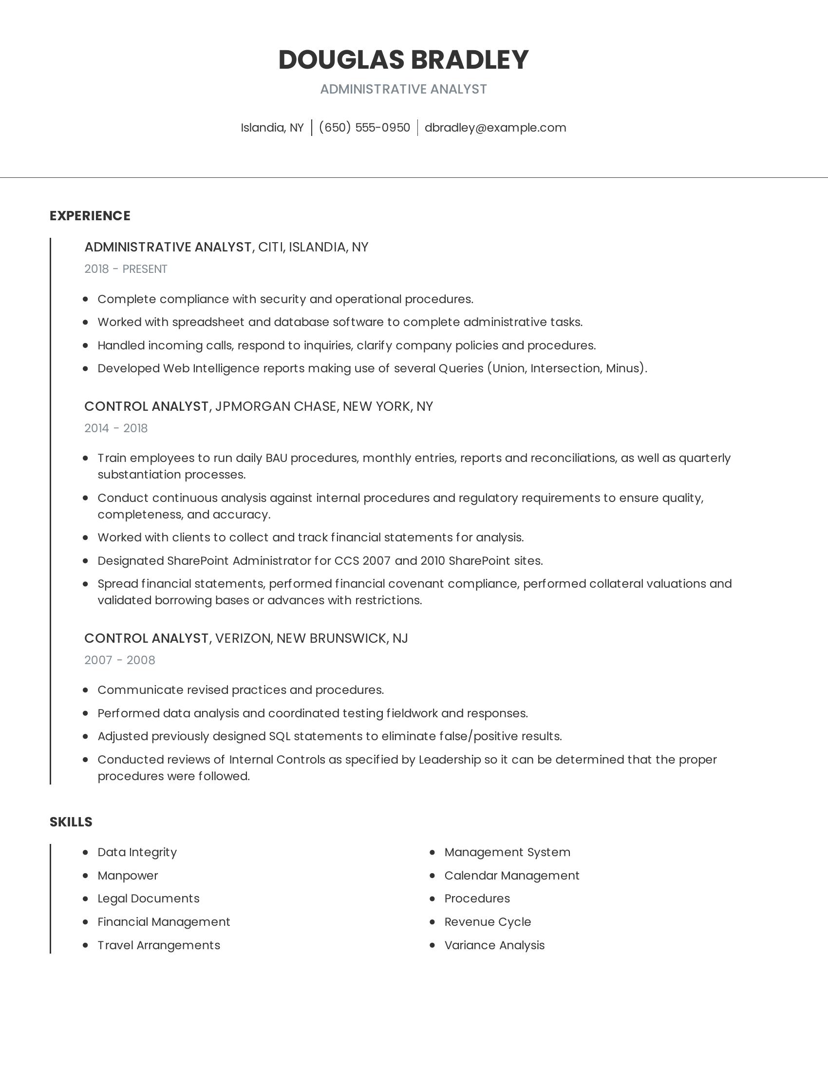 Administrative Analyst resume example