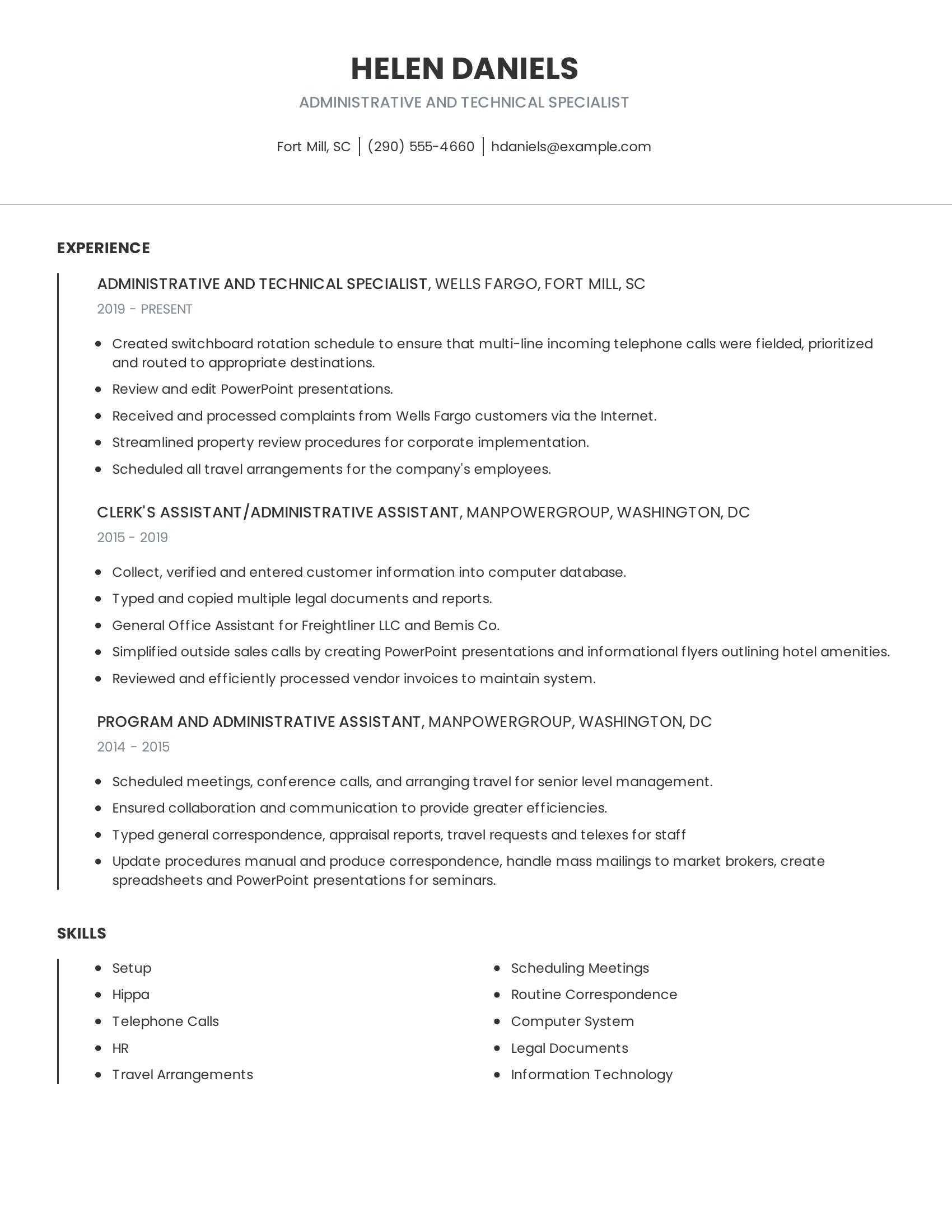 Administrative And Technical Specialist resume example