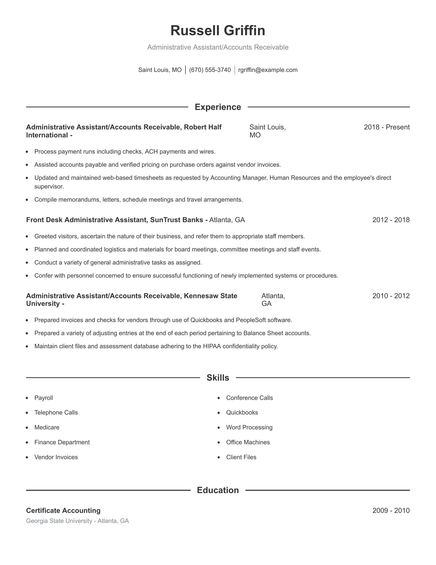 Administrative Assistant/Accounts Receivable resume example