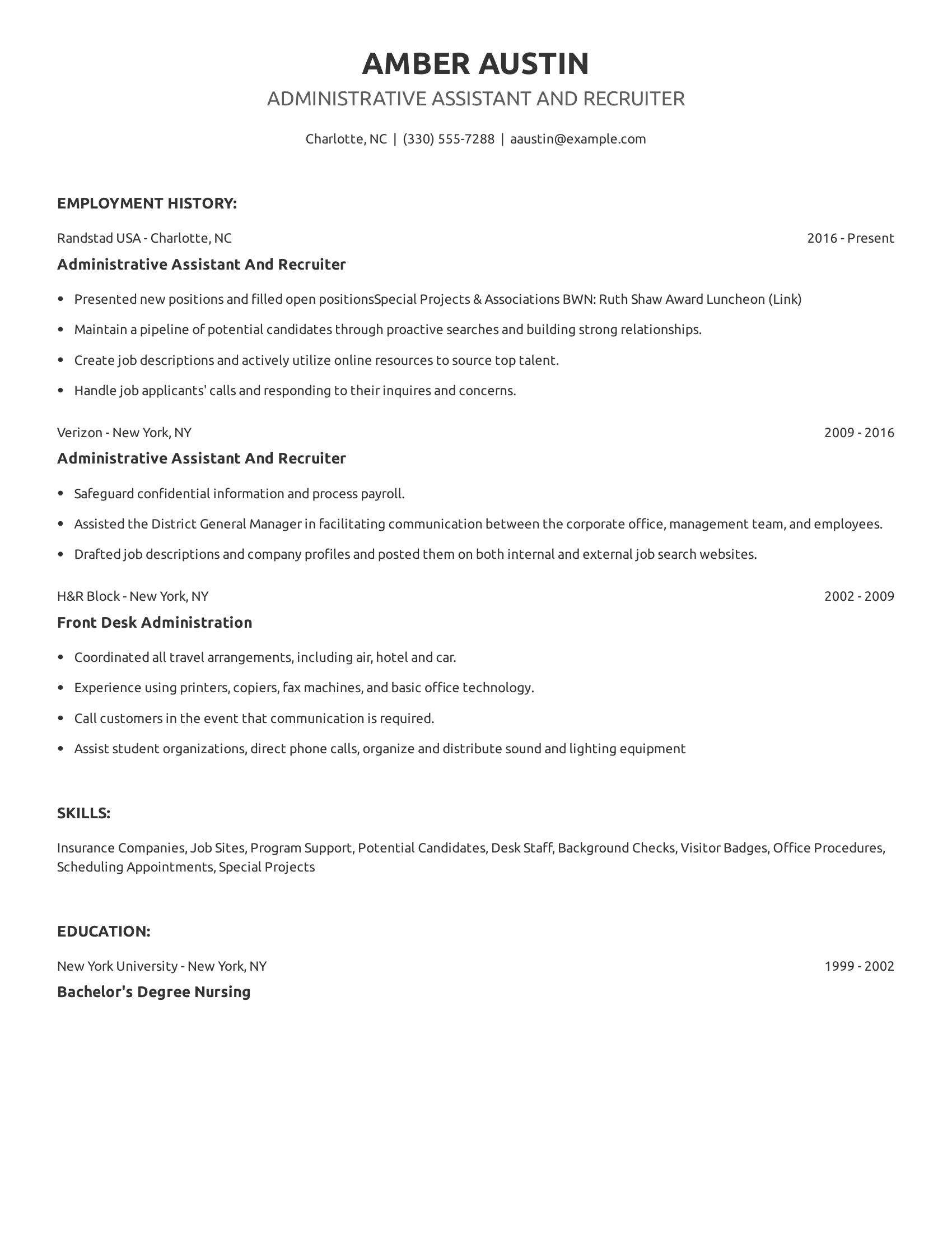 Administrative Assistant And Recruiter resume example