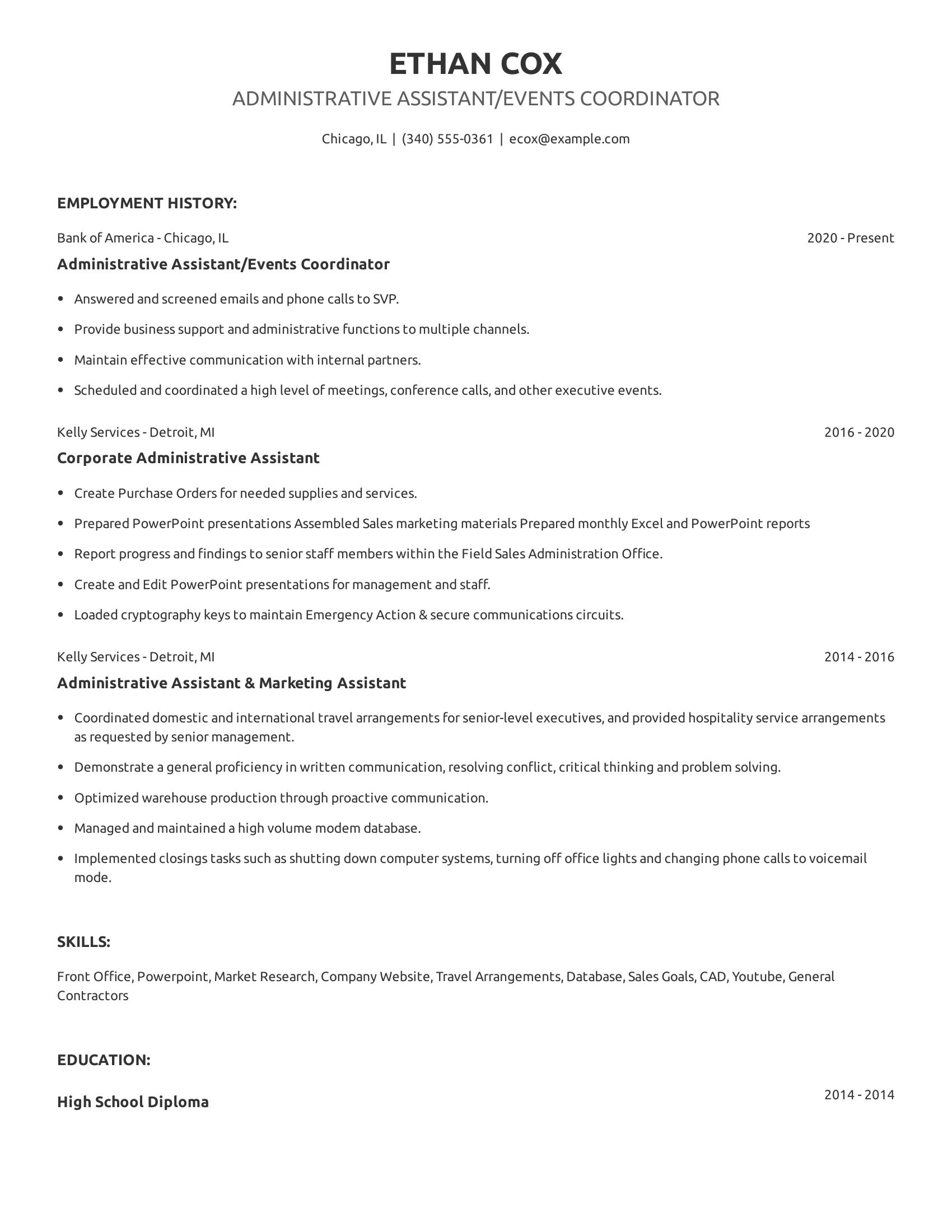 Administrative Assistant/Events Coordinator resume example