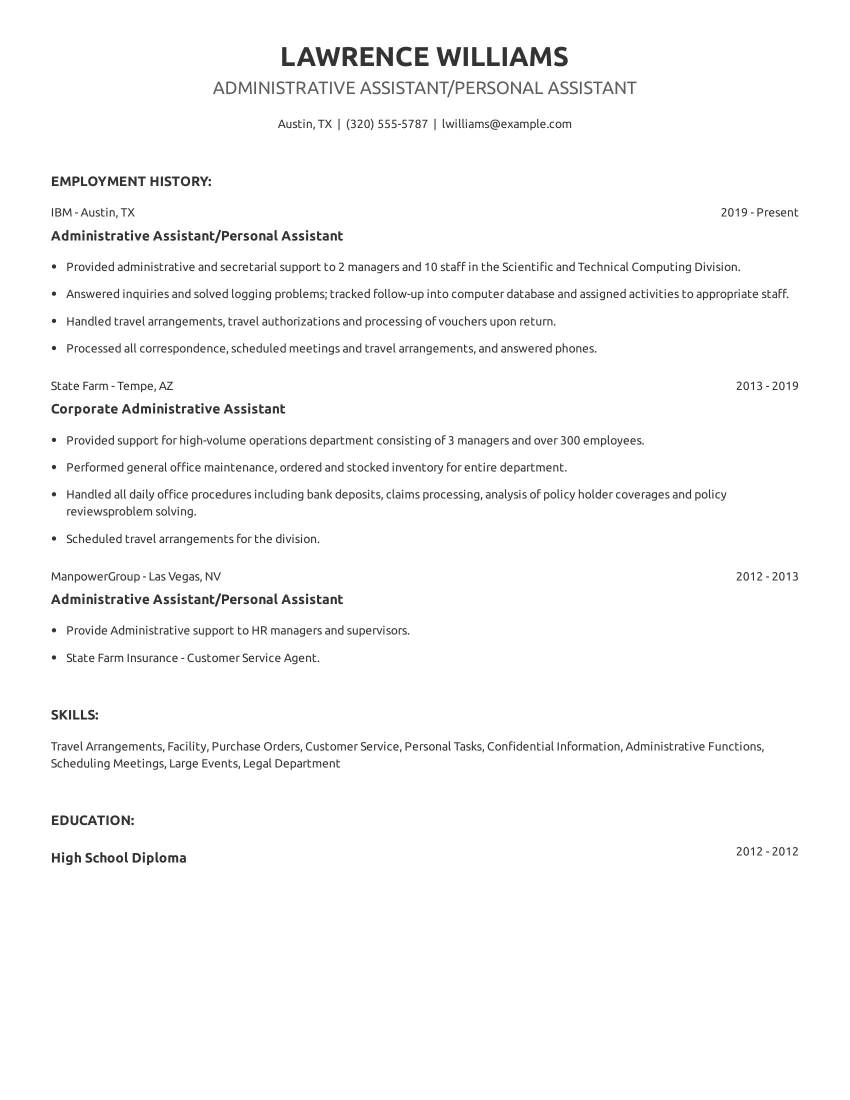 Administrative Assistant/Personal Assistant resume example