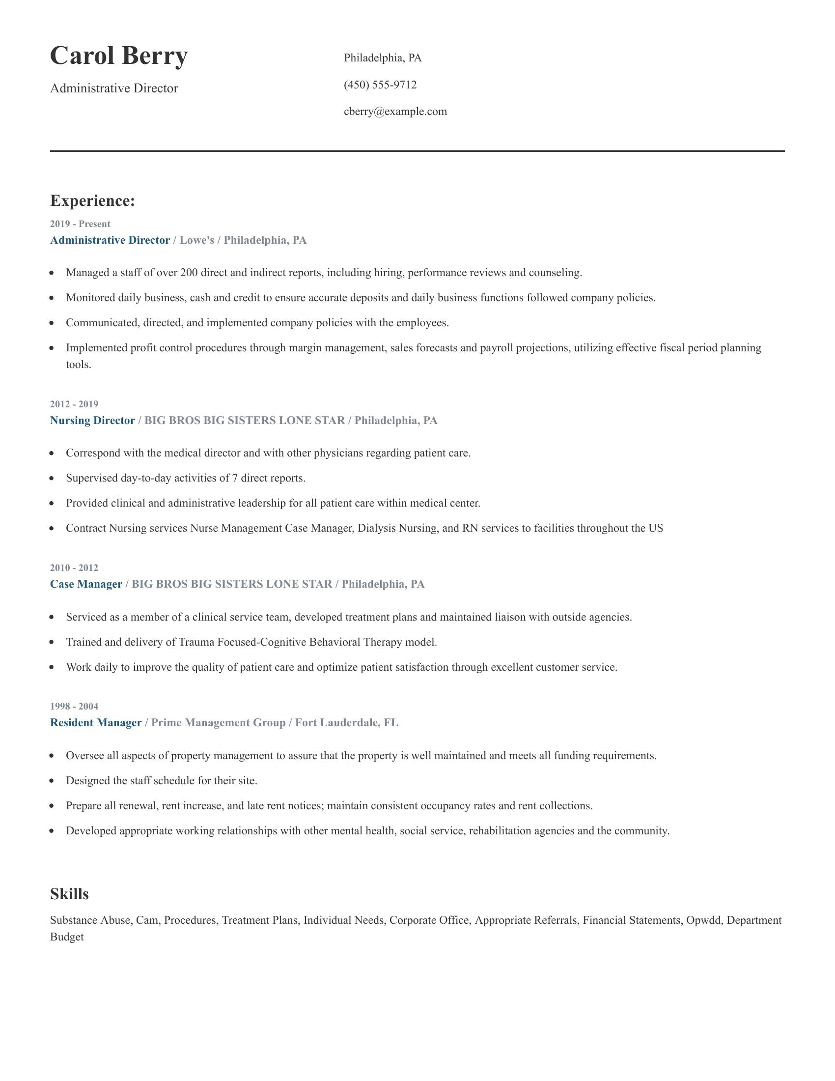 Administrative Director resume example