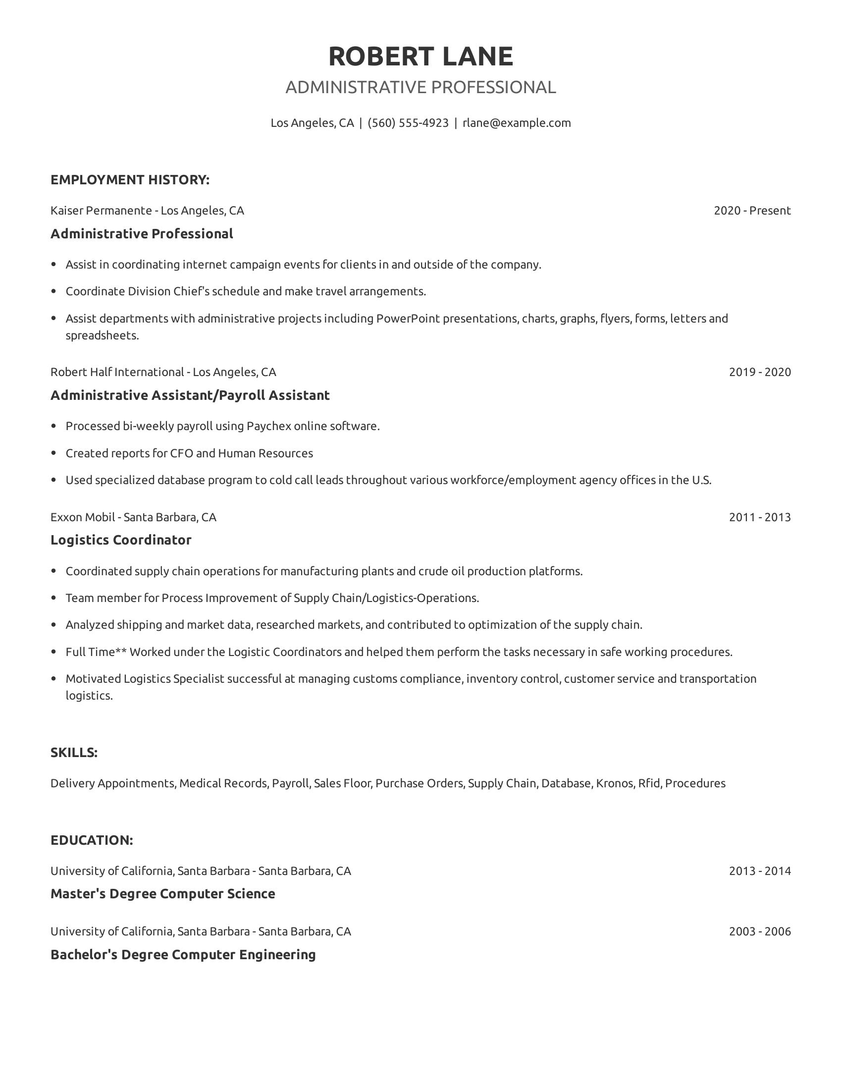 Administrative Professional resume example