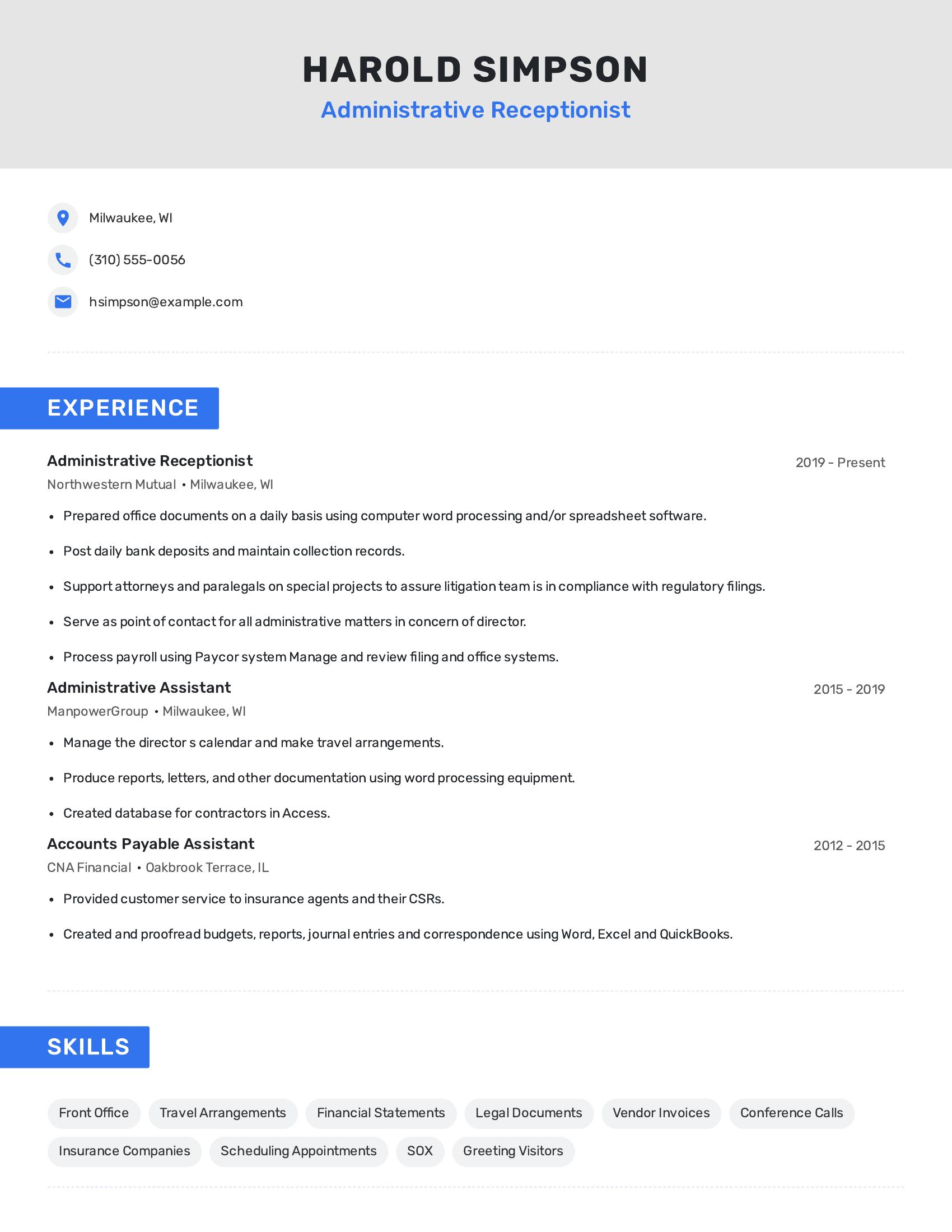 Administrative Receptionist resume example