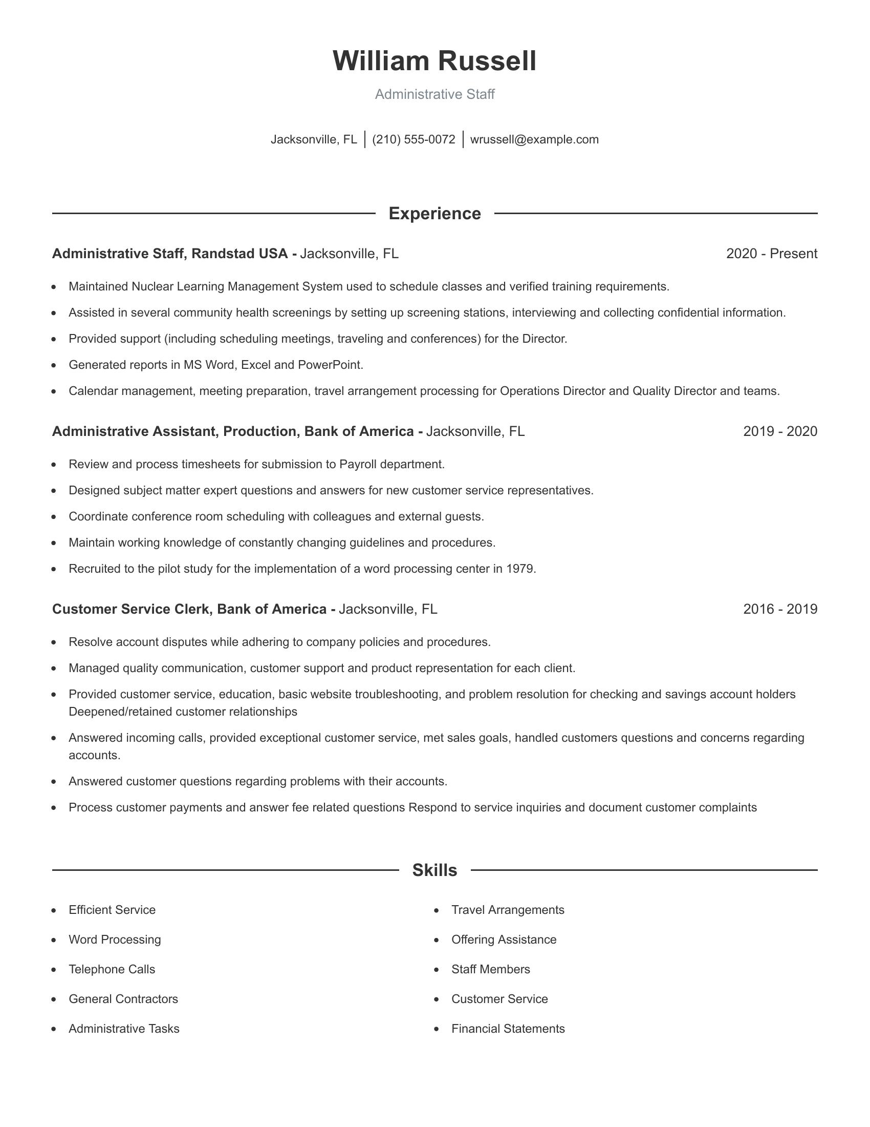 Administrative Staff resume example