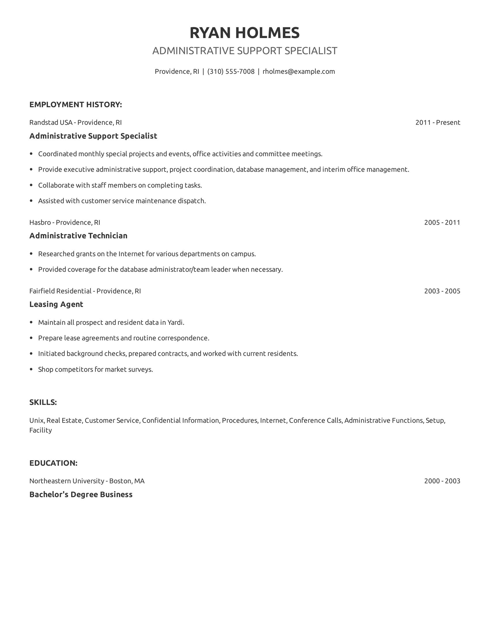 Administrative Support Specialist resume example