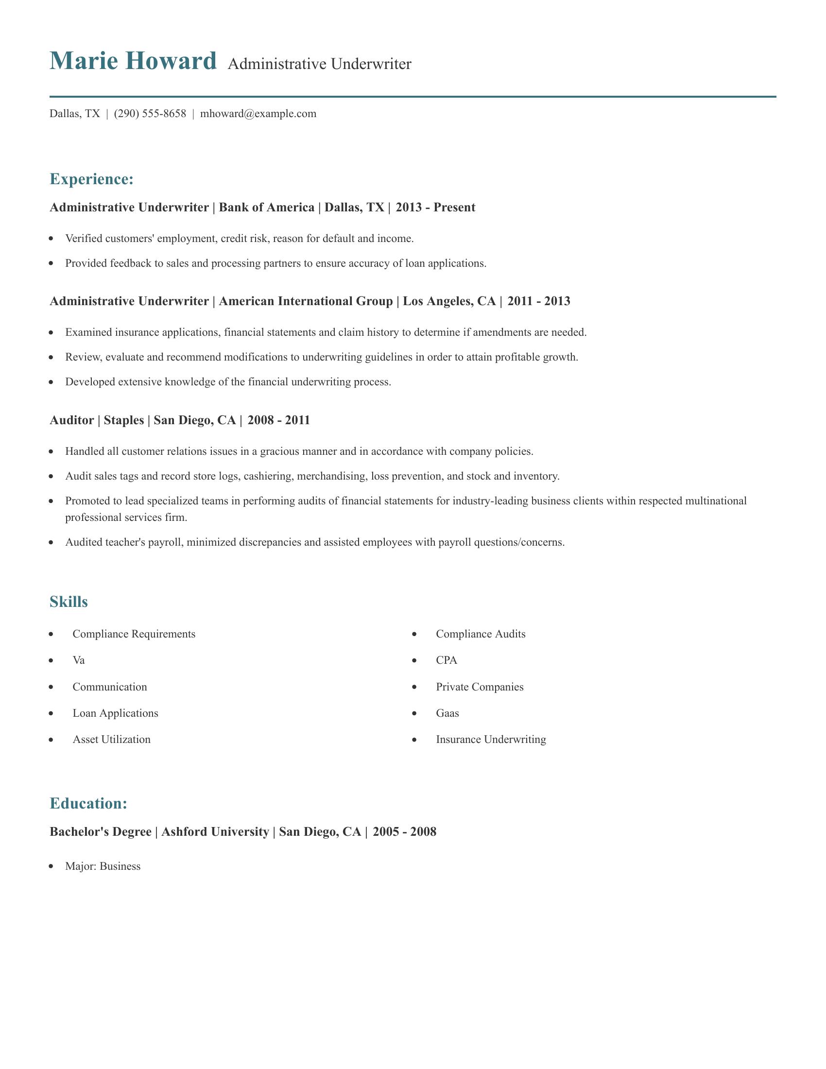 Administrative Underwriter resume example