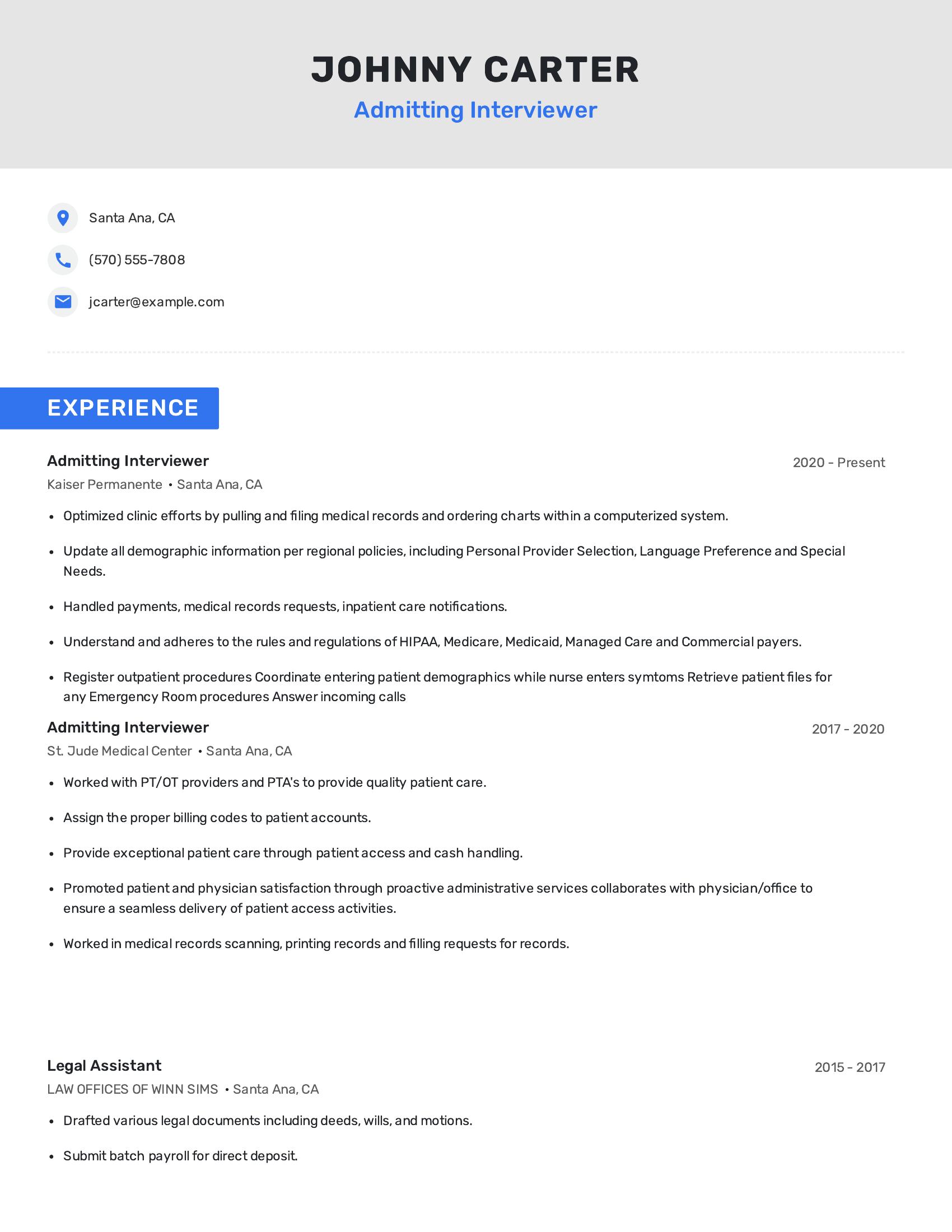 Admitting Interviewer resume example